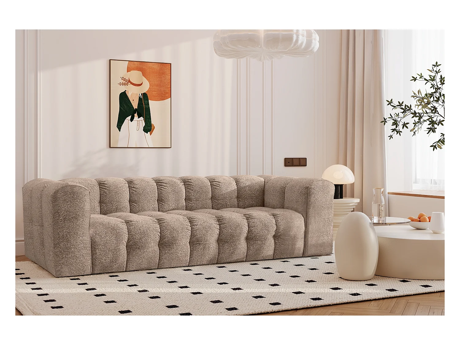 Sofa 4-Sitzer, Komfort Couch BALOO, stoff Schenille & Bouclé, Dunkelbeige