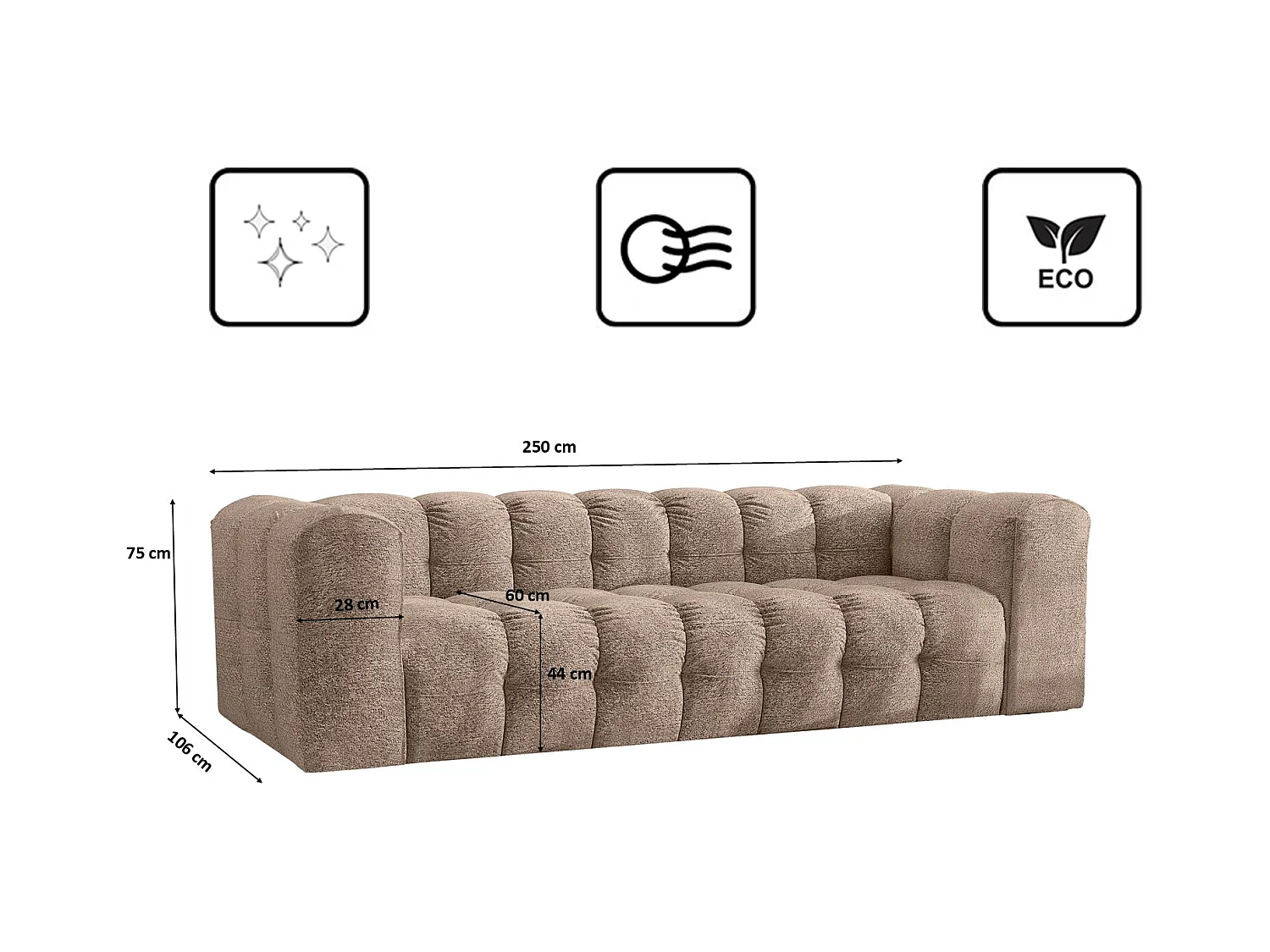 Sofa 4-Sitzer, Komfort Couch BALOO, stoff Schenille & Bouclé, Dunkelbeige
