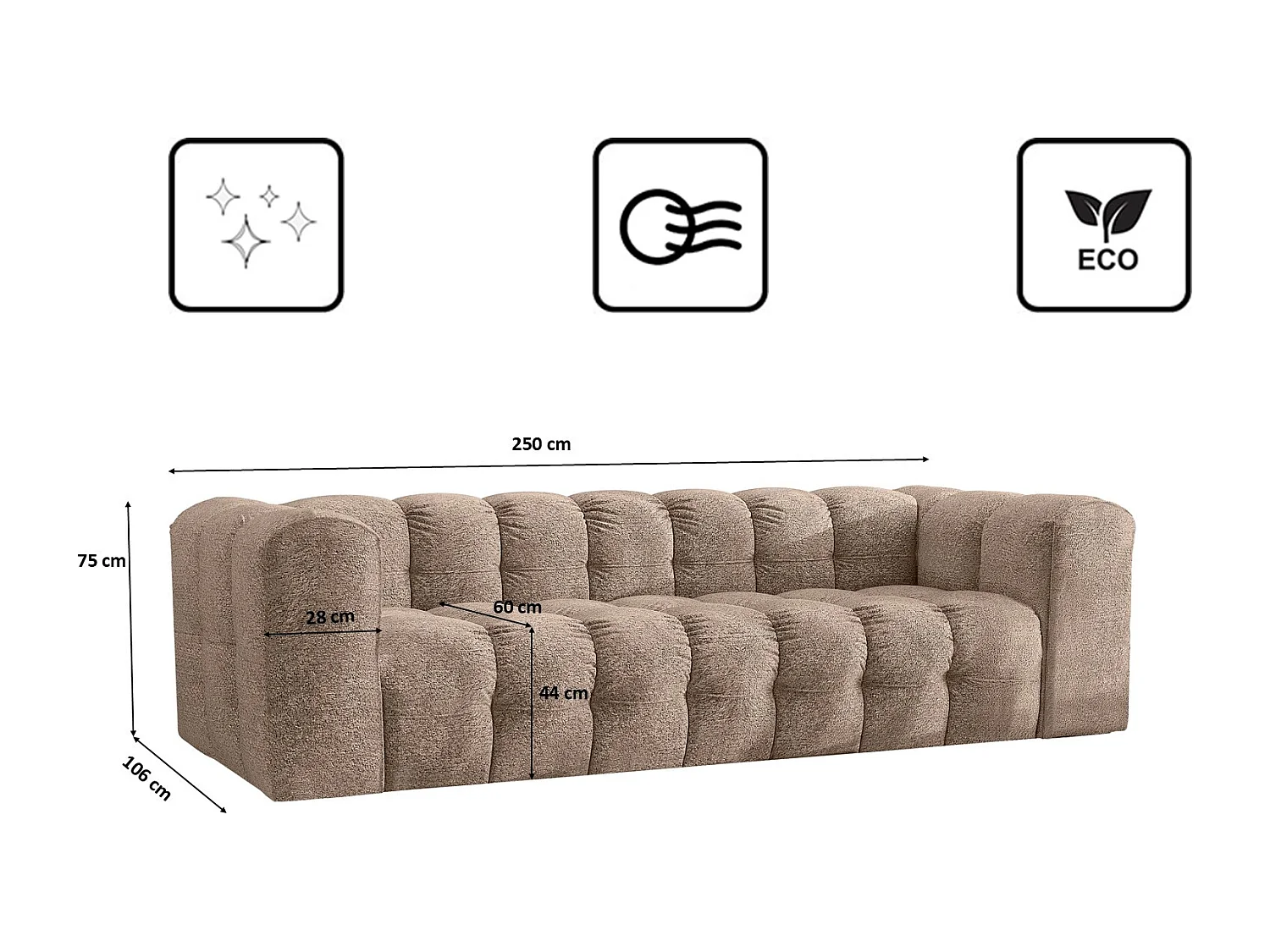 Sofa 4-Sitzer, Komfort Couch BALOO, stoff Schenille & Bouclé, Dunkelbeige