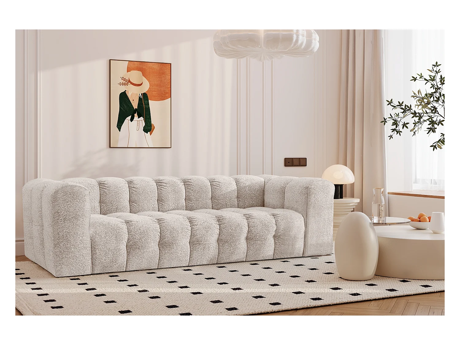 Sofa 4-Sitzer, Komfort Couch BALOO, stoff Schenille & Bouclé, Ecru