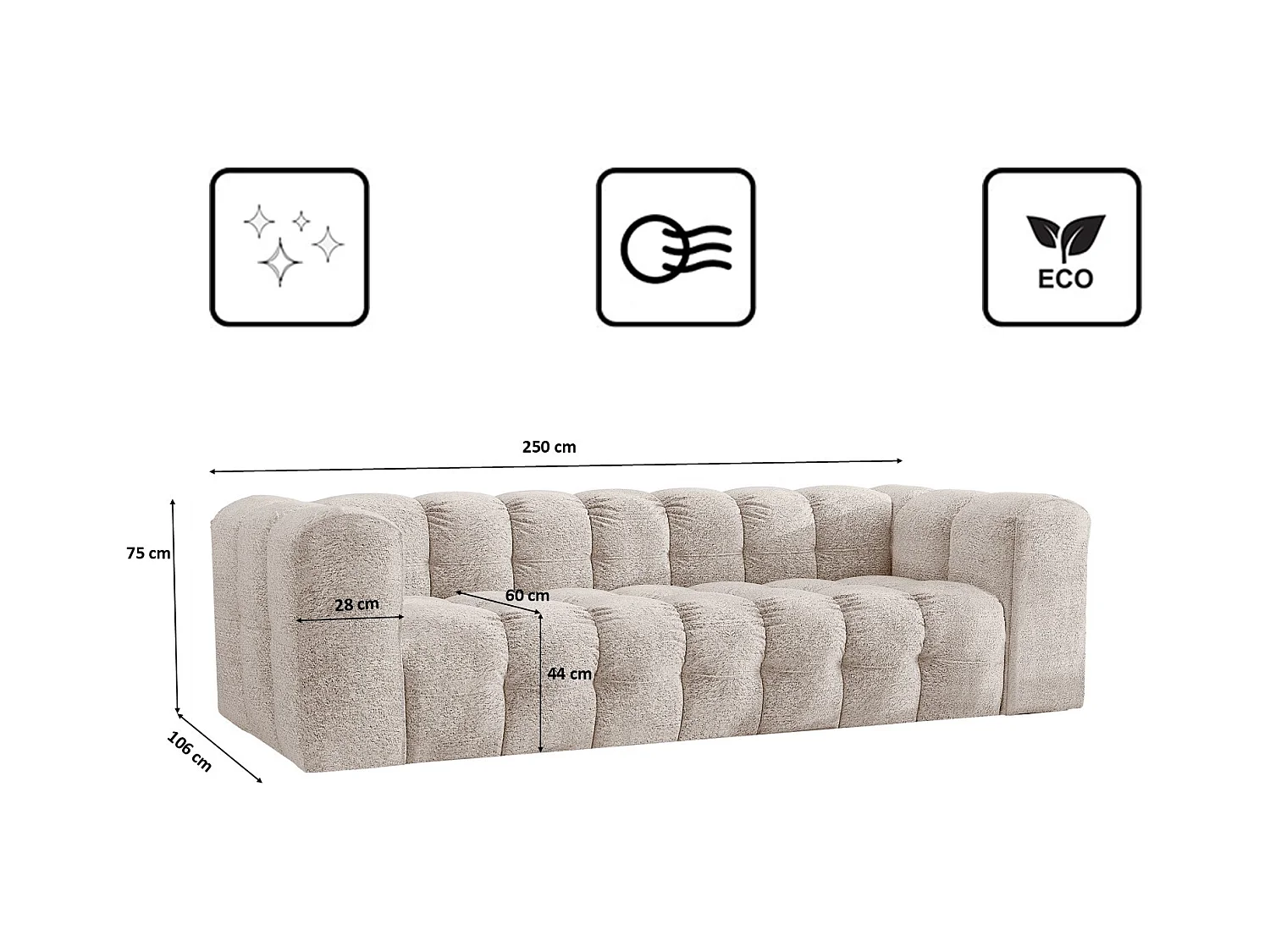 Sofa 4-Sitzer, Komfort Couch BALOO, stoff Schenille & Bouclé, Ecru