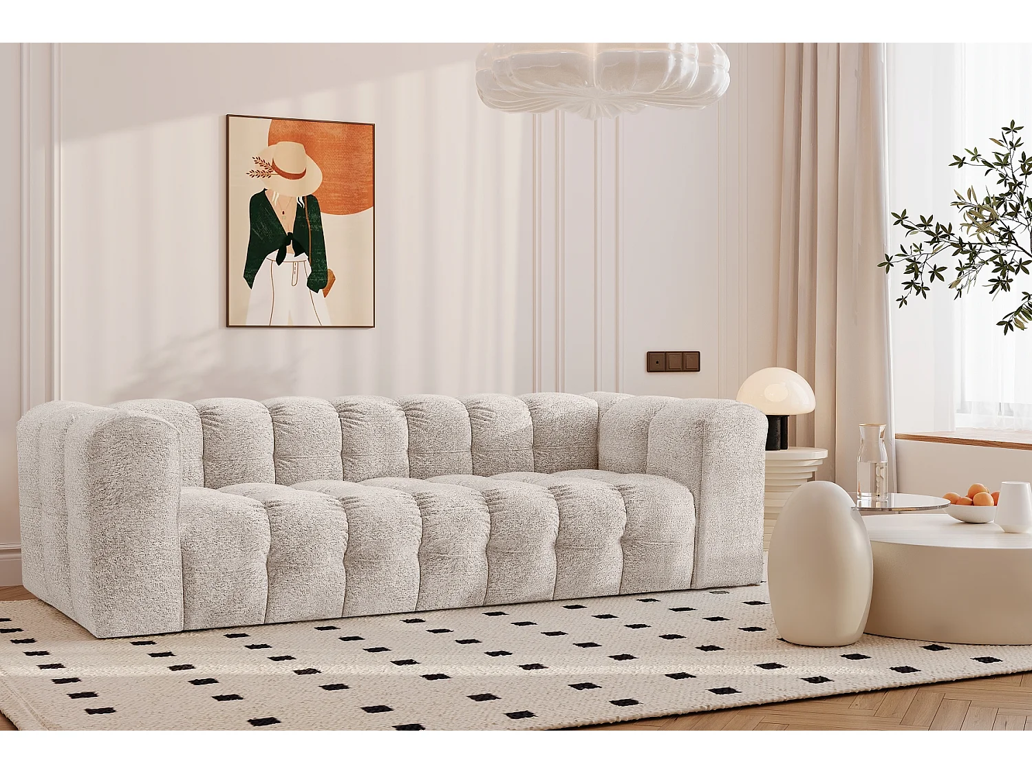 Sofa 4-Sitzer, Komfort Couch BALOO, stoff Schenille & Bouclé, Ecru