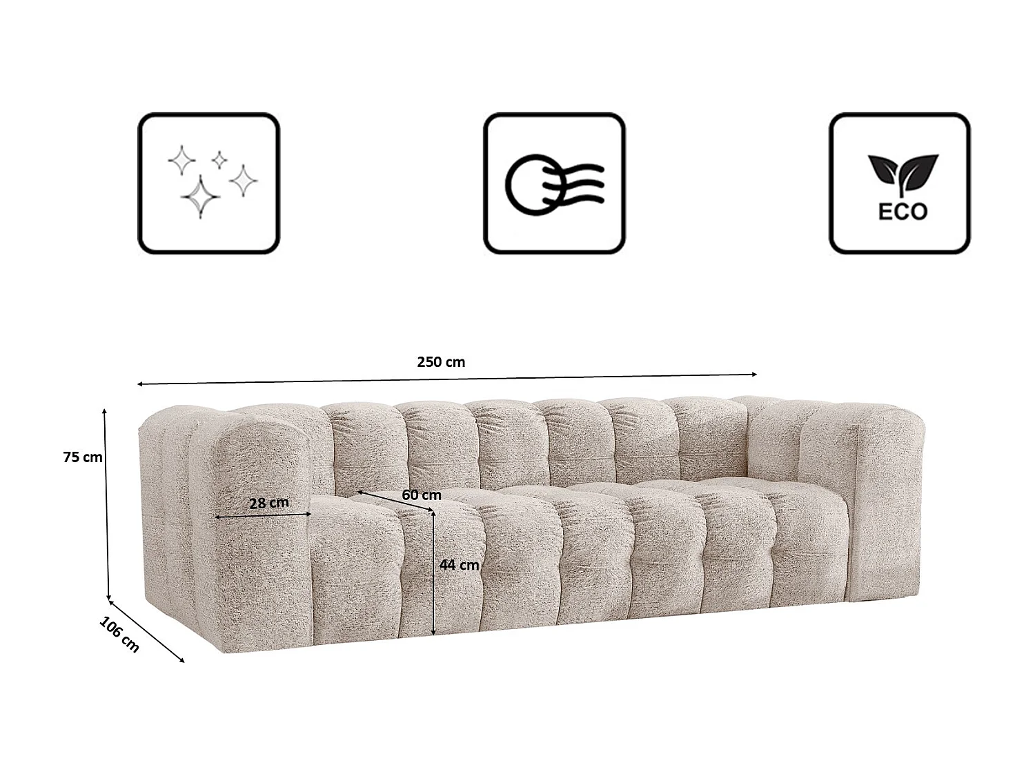 Sofa 4-Sitzer, Komfort Couch BALOO, stoff Schenille & Bouclé, Ecru
