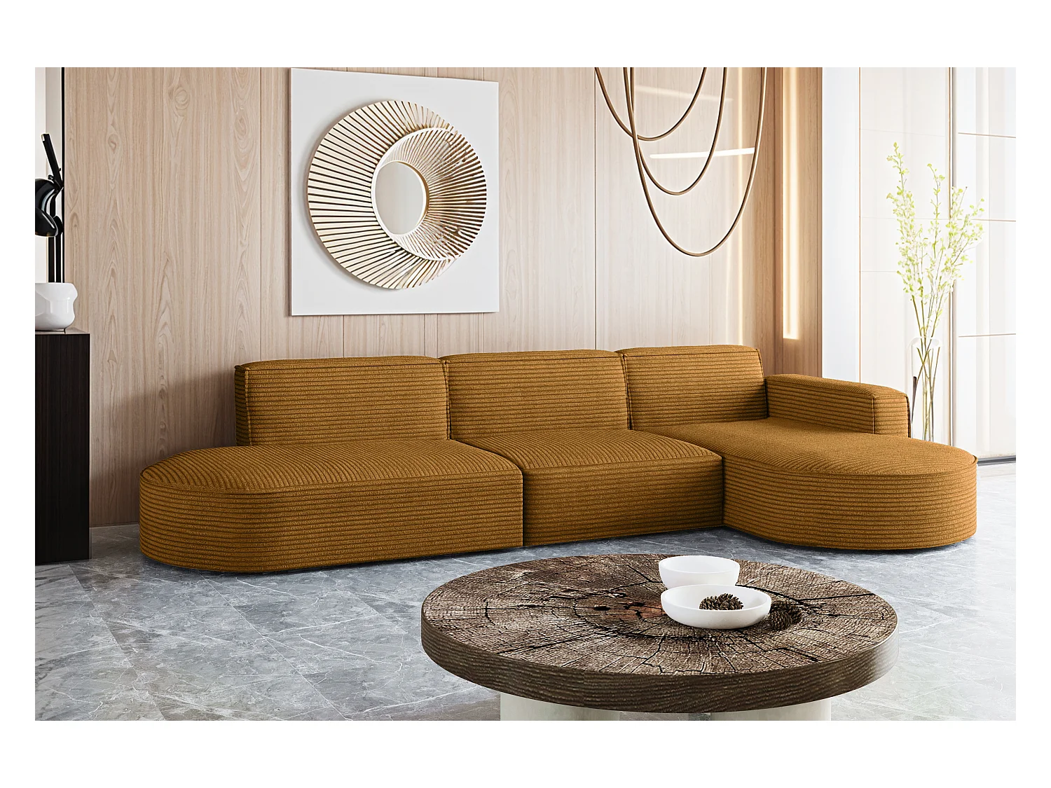 Canapé d'angle Modena en L, tissu Poso, couleur moutarde, droit