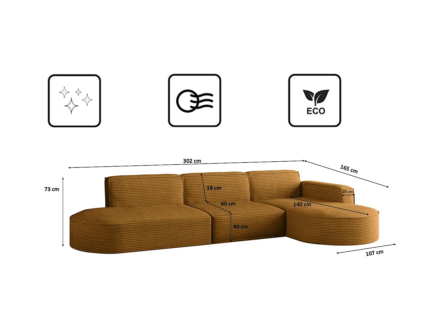 Canapé d'angle Modena en L, tissu Poso, couleur moutarde, droit