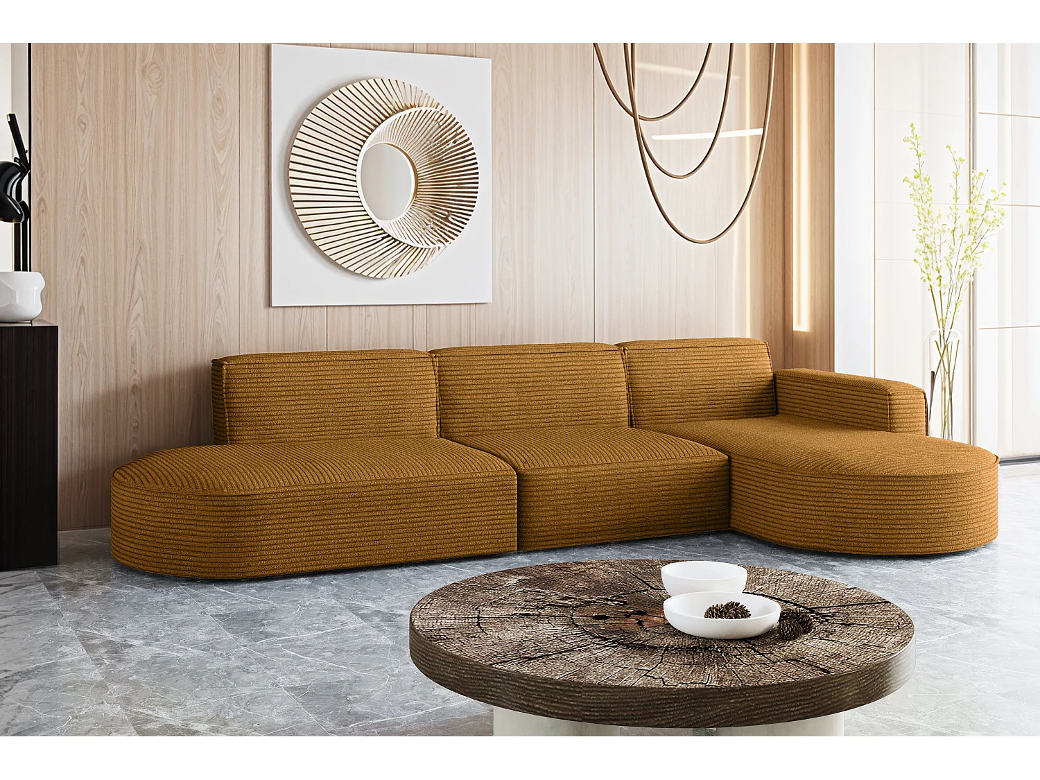 Canapé d'angle Modena en L, tissu Poso, couleur moutarde, droit