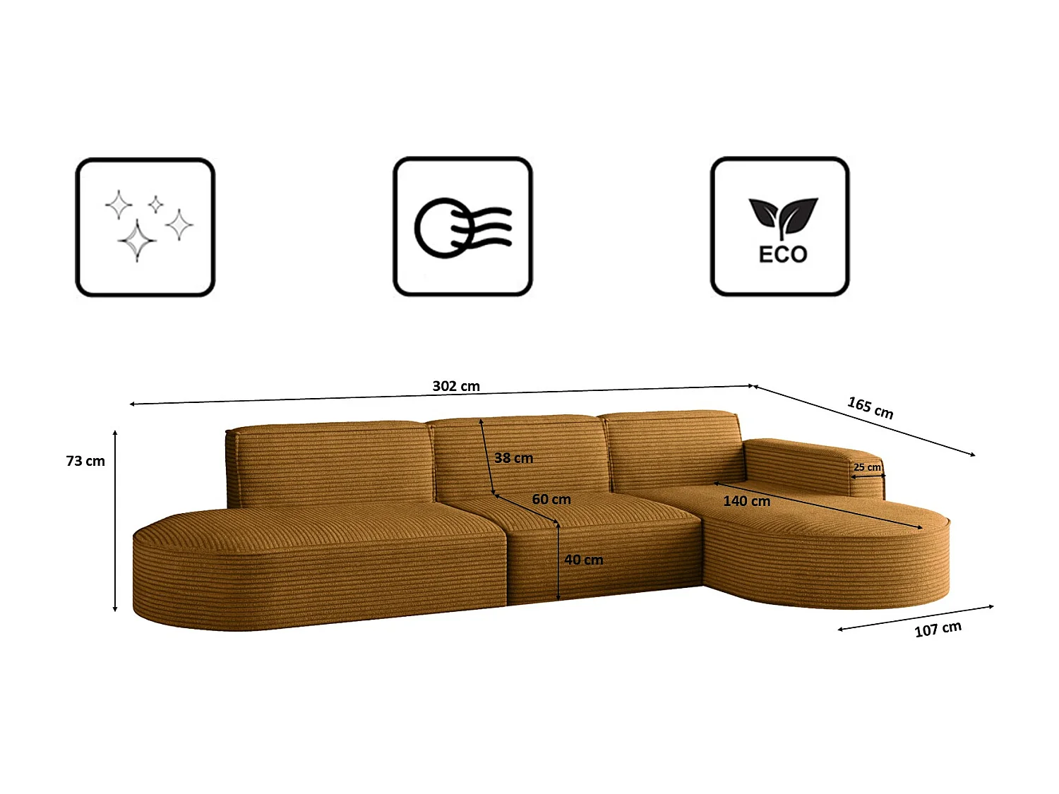 Canapé d'angle Modena en L, tissu Poso, couleur moutarde, droit