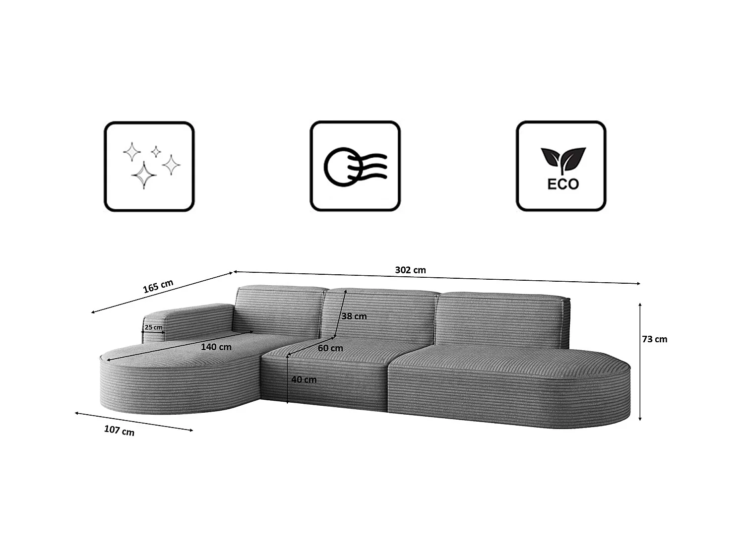 Canapé d'angle Modena en L, tissu Poso, gris, gauche