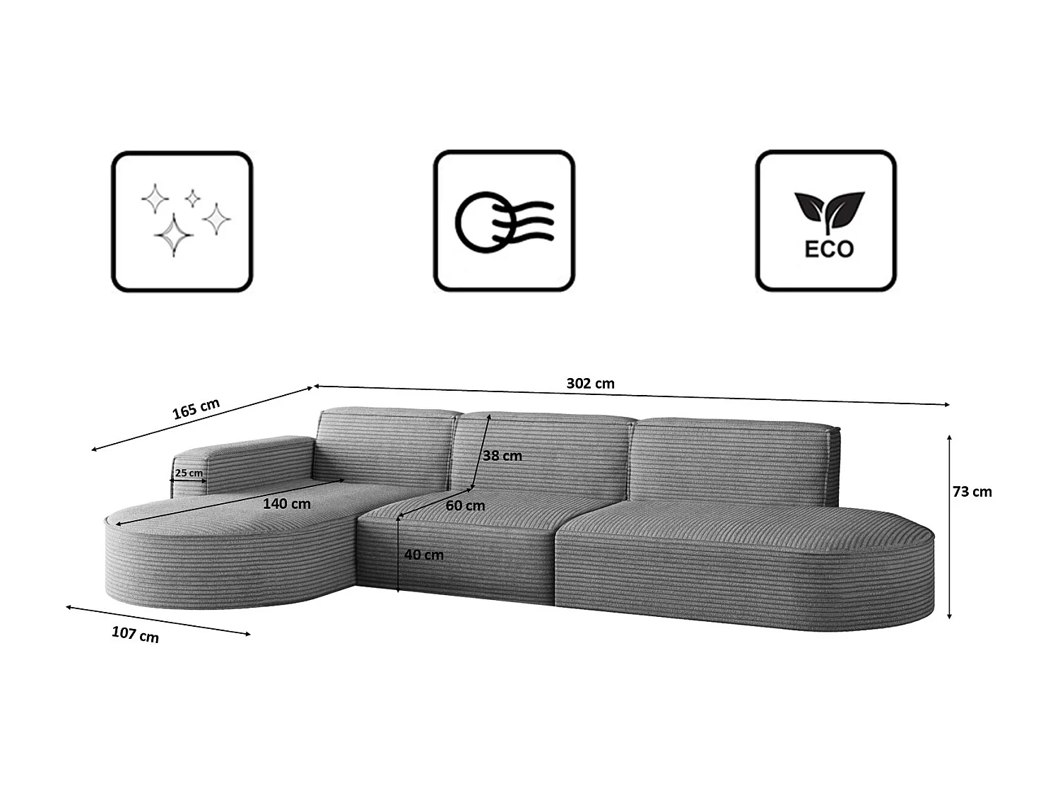 Canapé d'angle Modena en L, tissu Poso, gris, gauche