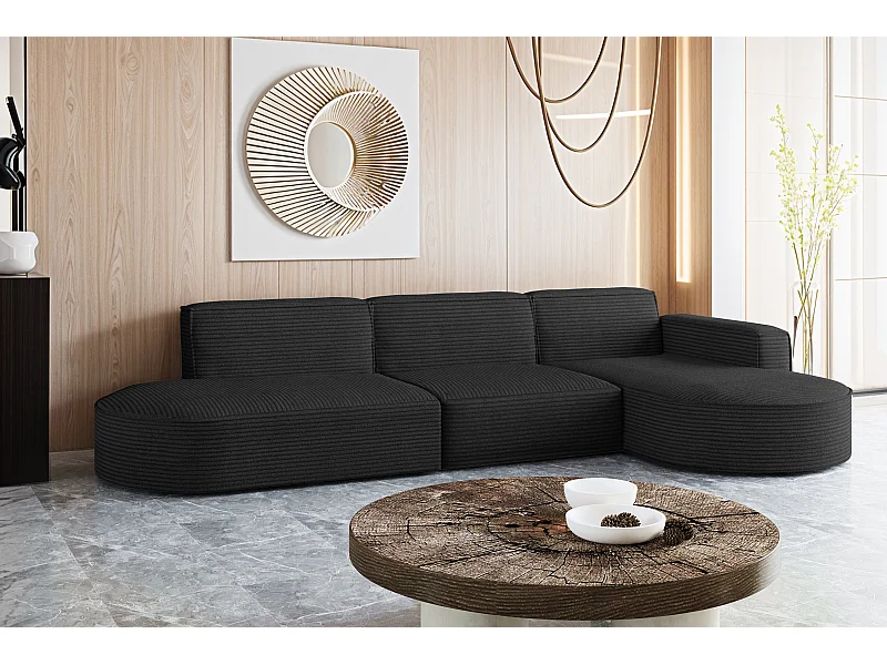 Canapé d'angle Modena en L, tissu Poso, noir, droit