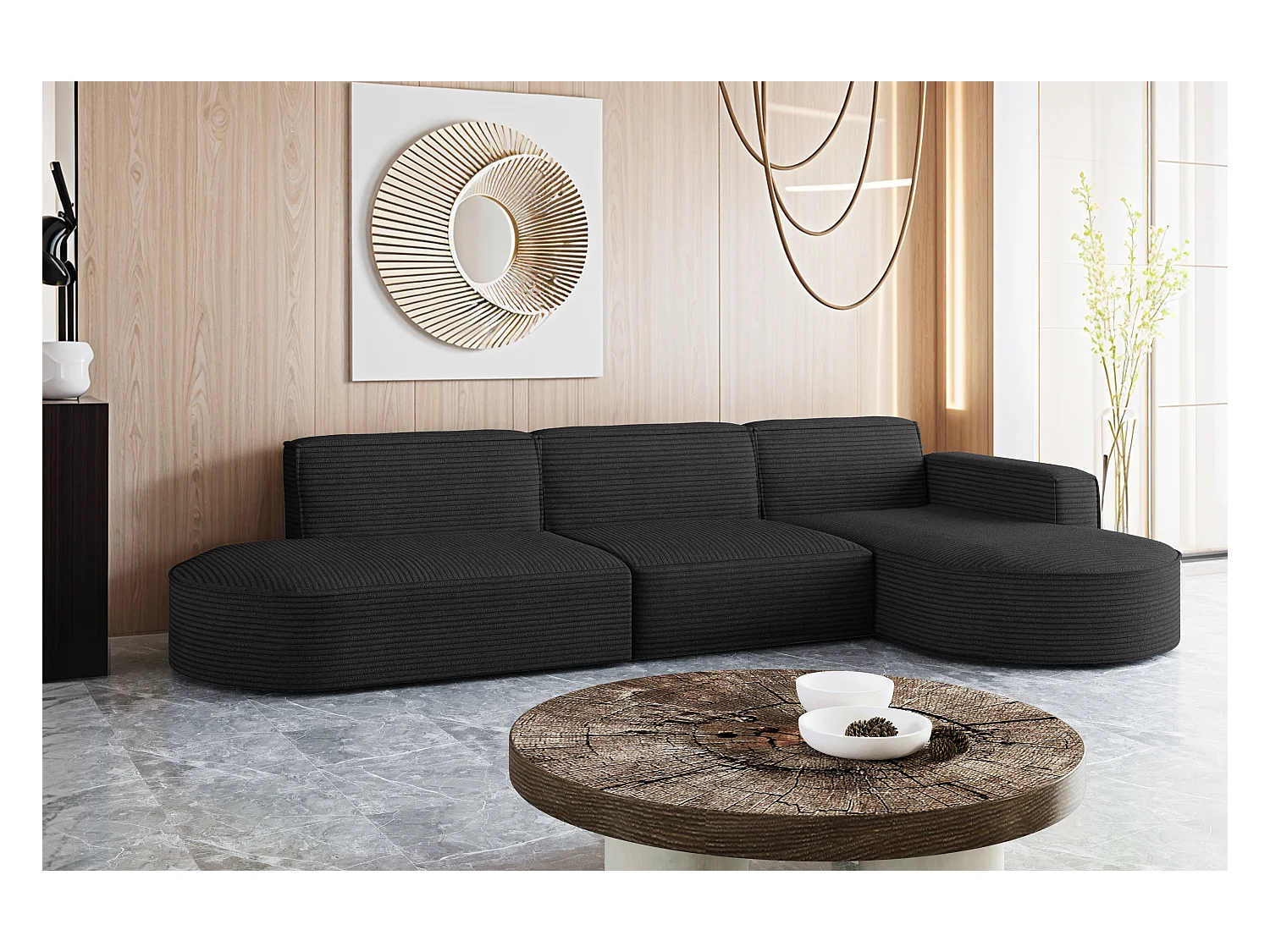 Canapé d'angle Modena en L, tissu Poso, noir, droit