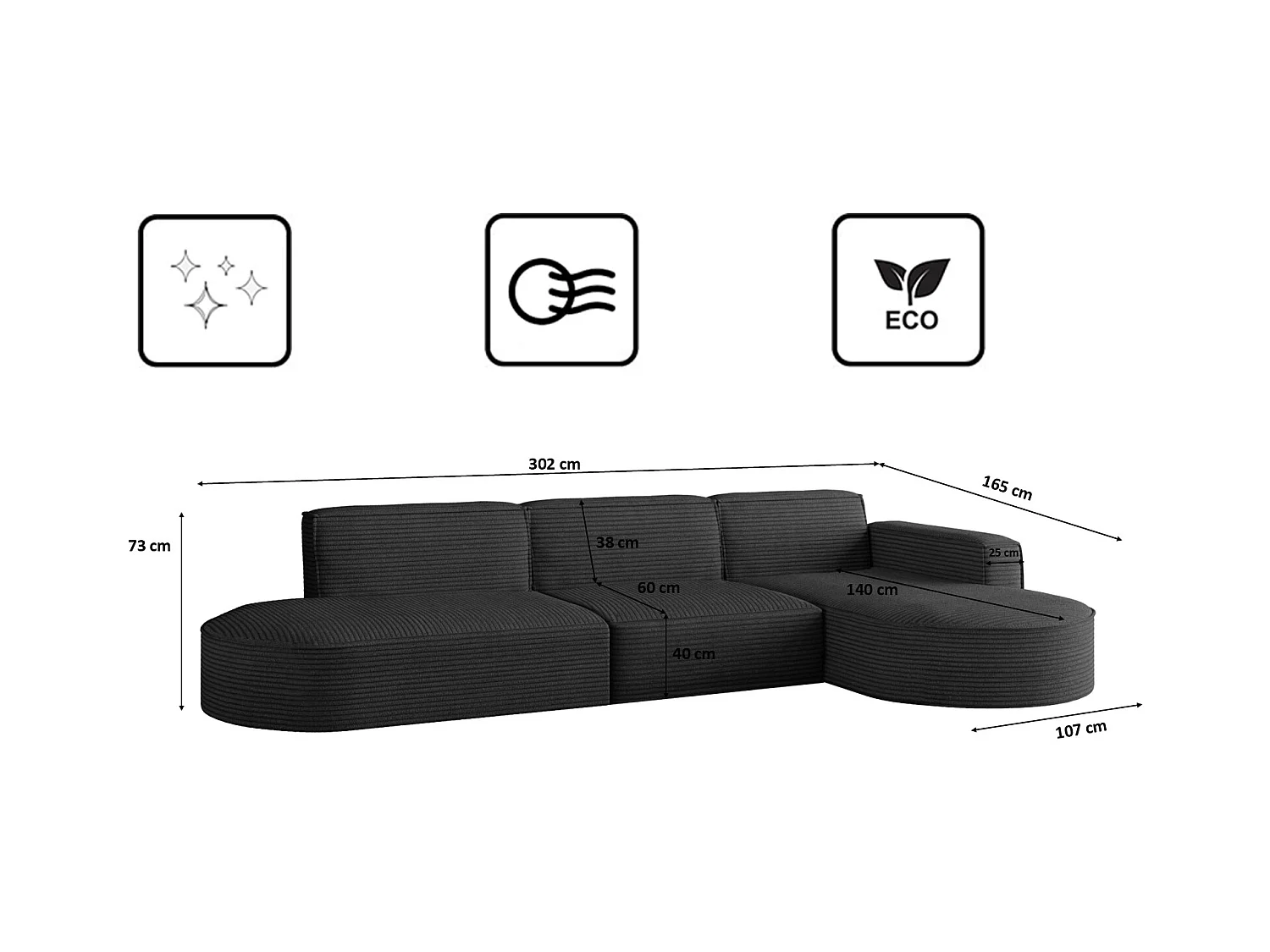 Canapé d'angle Modena en L, tissu Poso, noir, droit