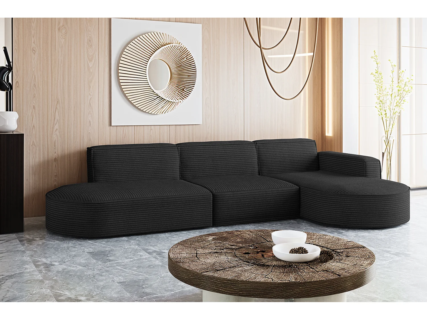 Canapé d'angle Modena en L, tissu Poso, noir, droit