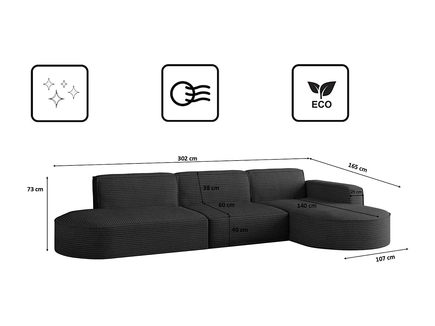 Canapé d'angle Modena en L, tissu Poso, noir, droit