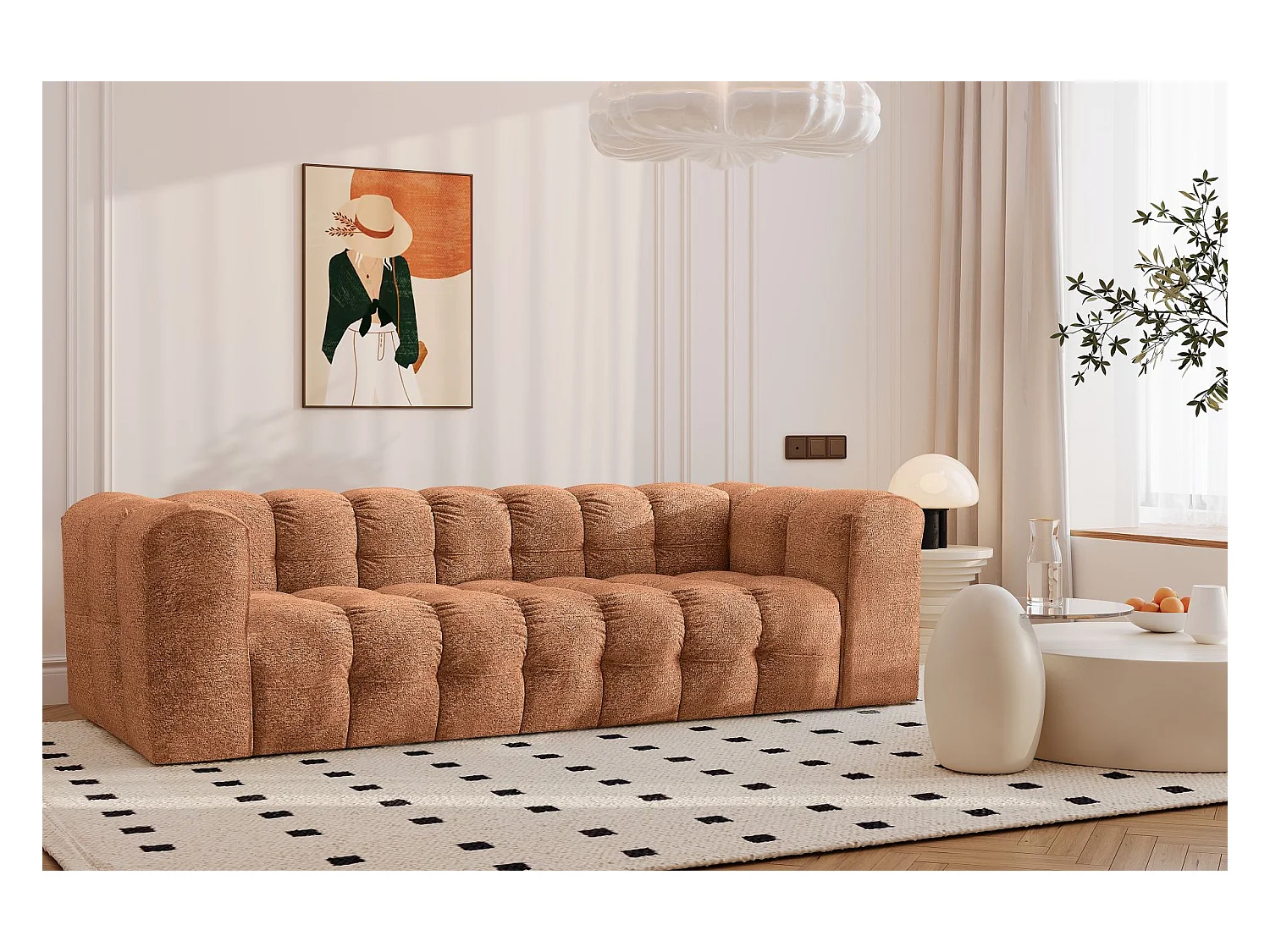 Sofa 4-Sitzer, Komfort Couch BALOO, stoff Schenille & Bouclé, Orange
