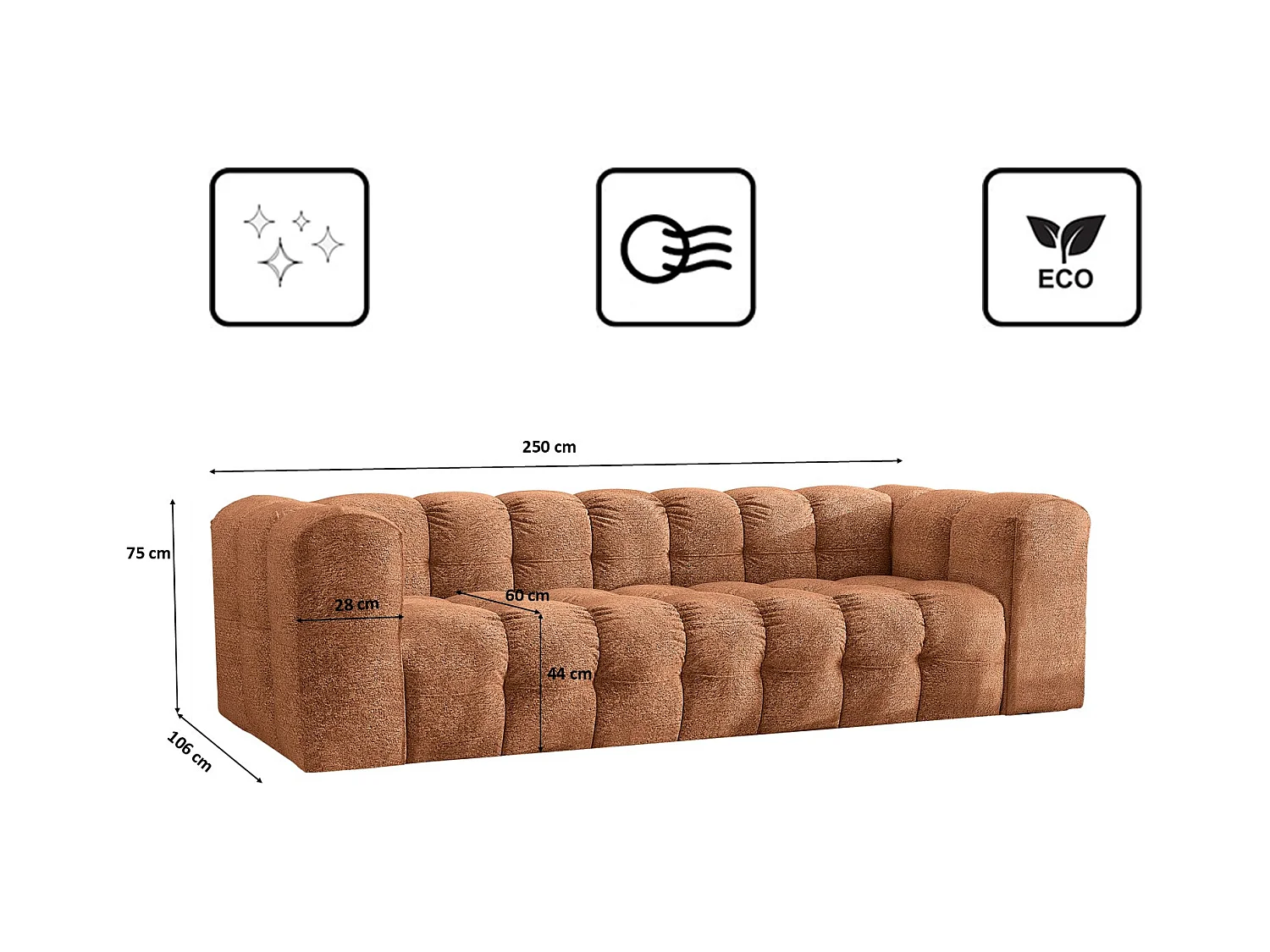 Sofa 4-Sitzer, Komfort Couch BALOO, stoff Schenille & Bouclé, Orange