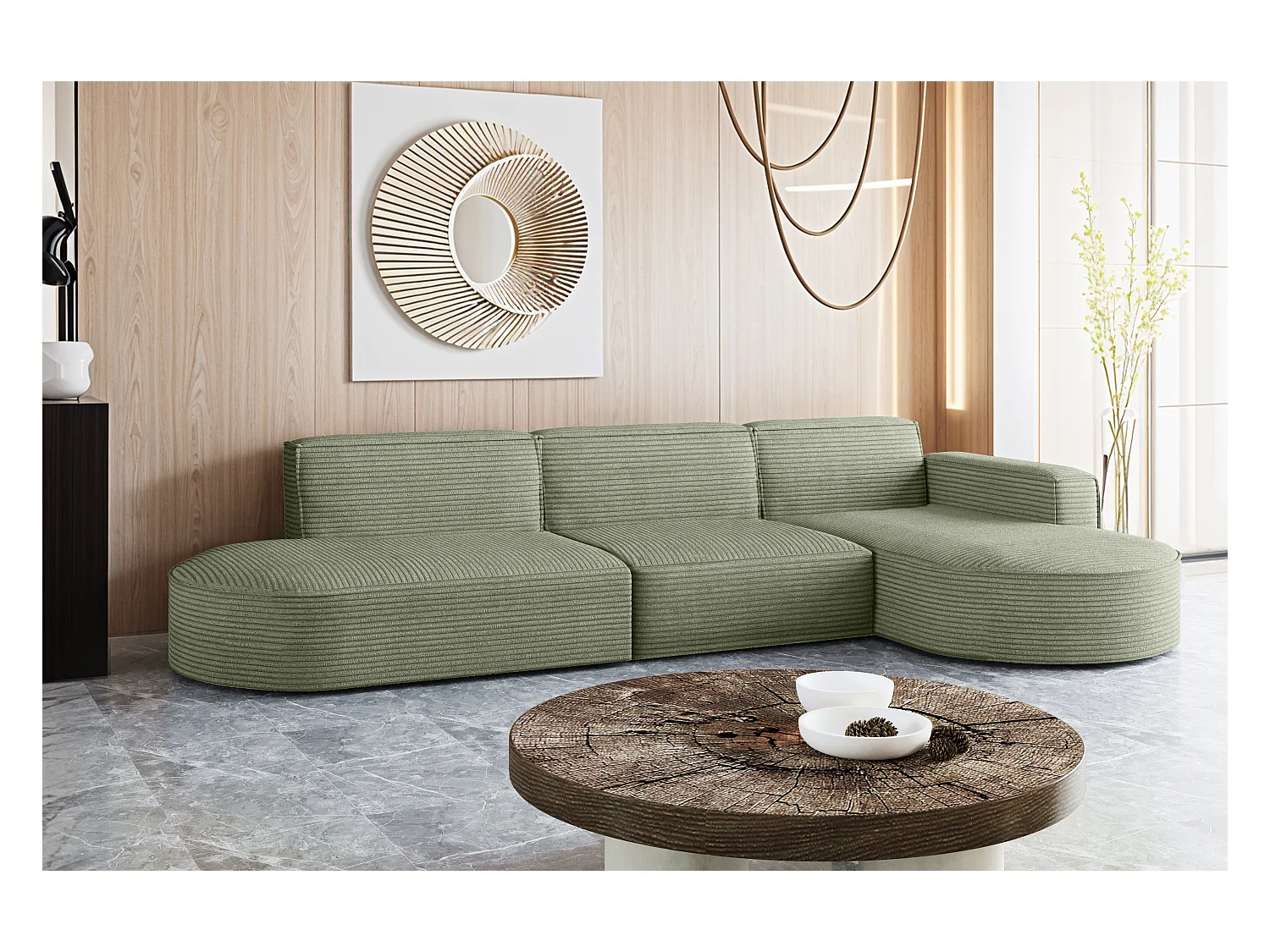 Canapé d'angle Modena en L, tissu Poso, vert clair, droit