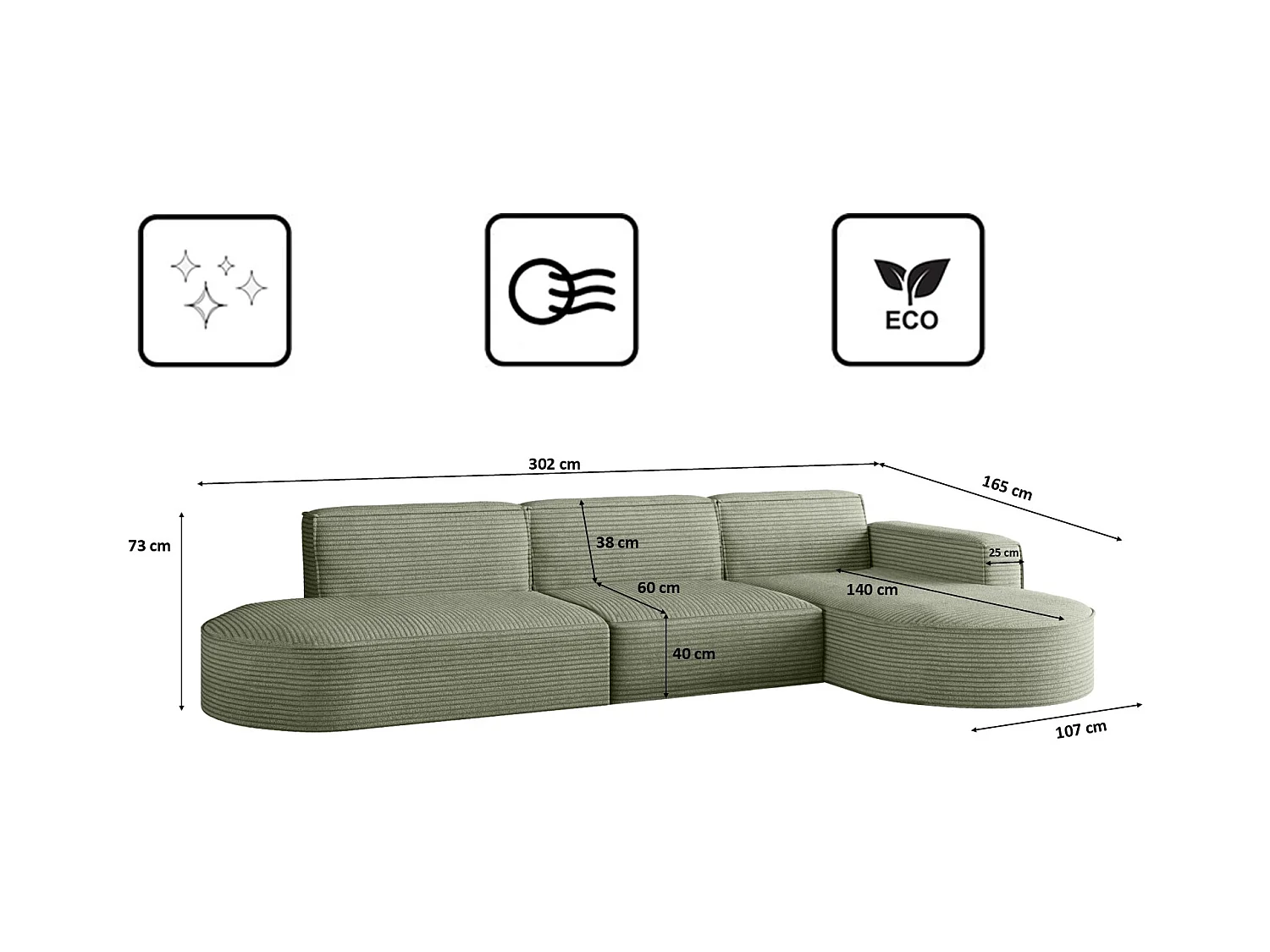 Canapé d'angle Modena en L, tissu Poso, vert clair, droit