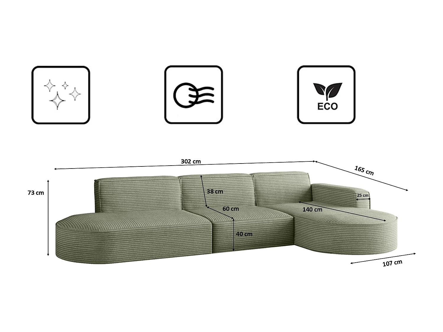 Canapé d'angle Modena en L, tissu Poso, vert clair, droit