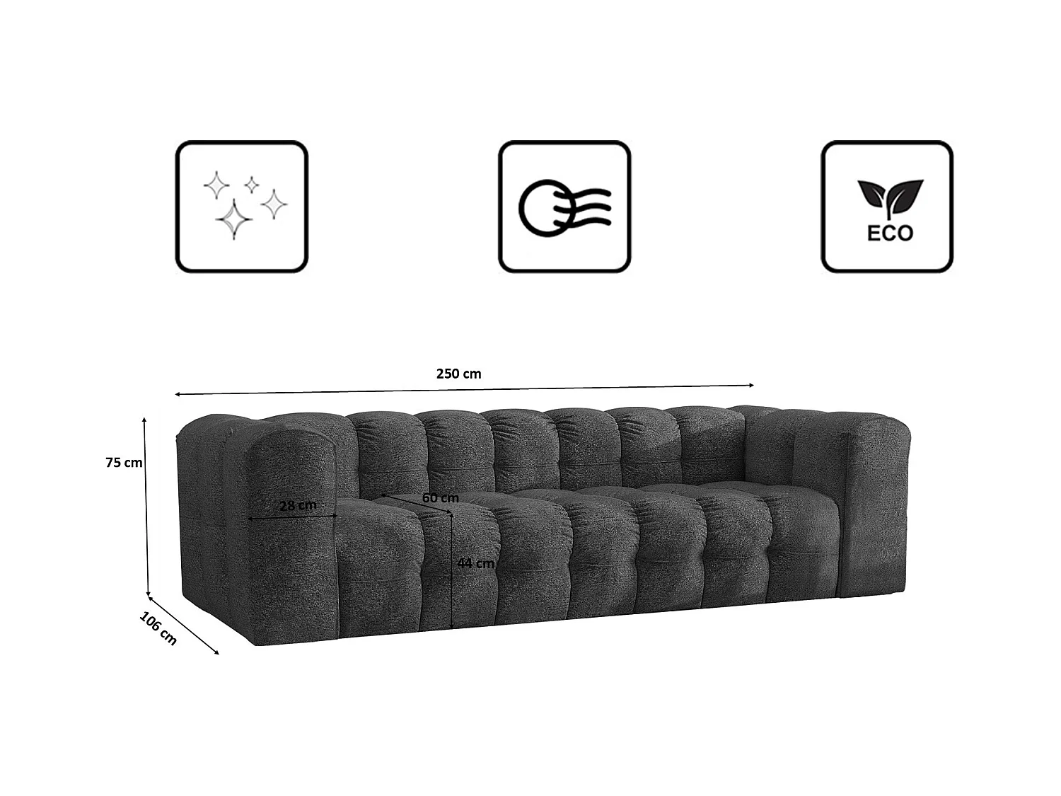 Sofa 4-Sitzer, Komfort Couch BALOO, stoff Schenille & Bouclé, Graphit