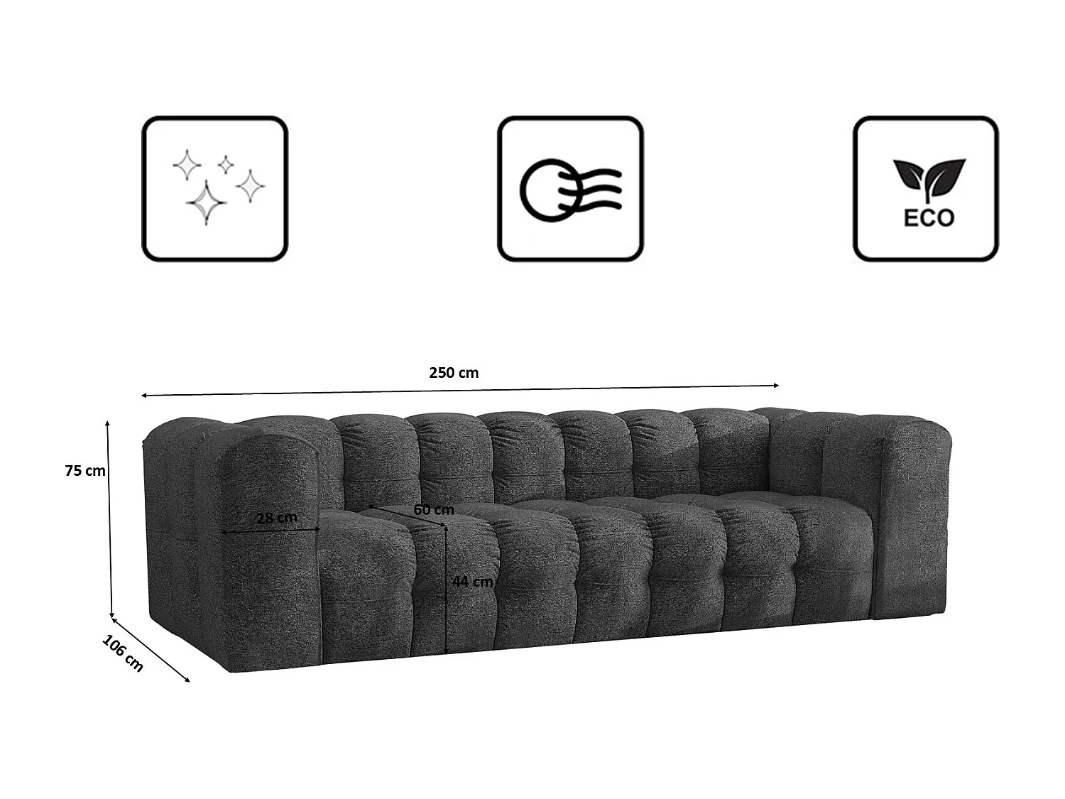 Sofa 4-Sitzer, Komfort Couch BALOO, stoff Schenille & Bouclé, Graphit