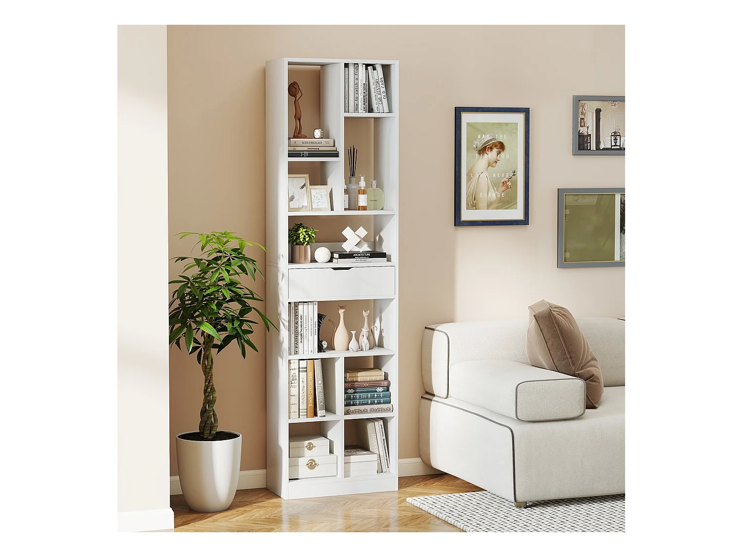 Libreria moderna con 10 cubi aperti da terra con kit antiribaltamento per soggiorno, Libreria alta 180 cm con cassetto Bianco