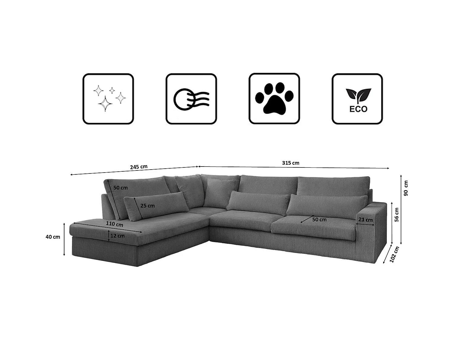 Canapé d'angle en L SVEN tissu Poso gris tourterelle gauche