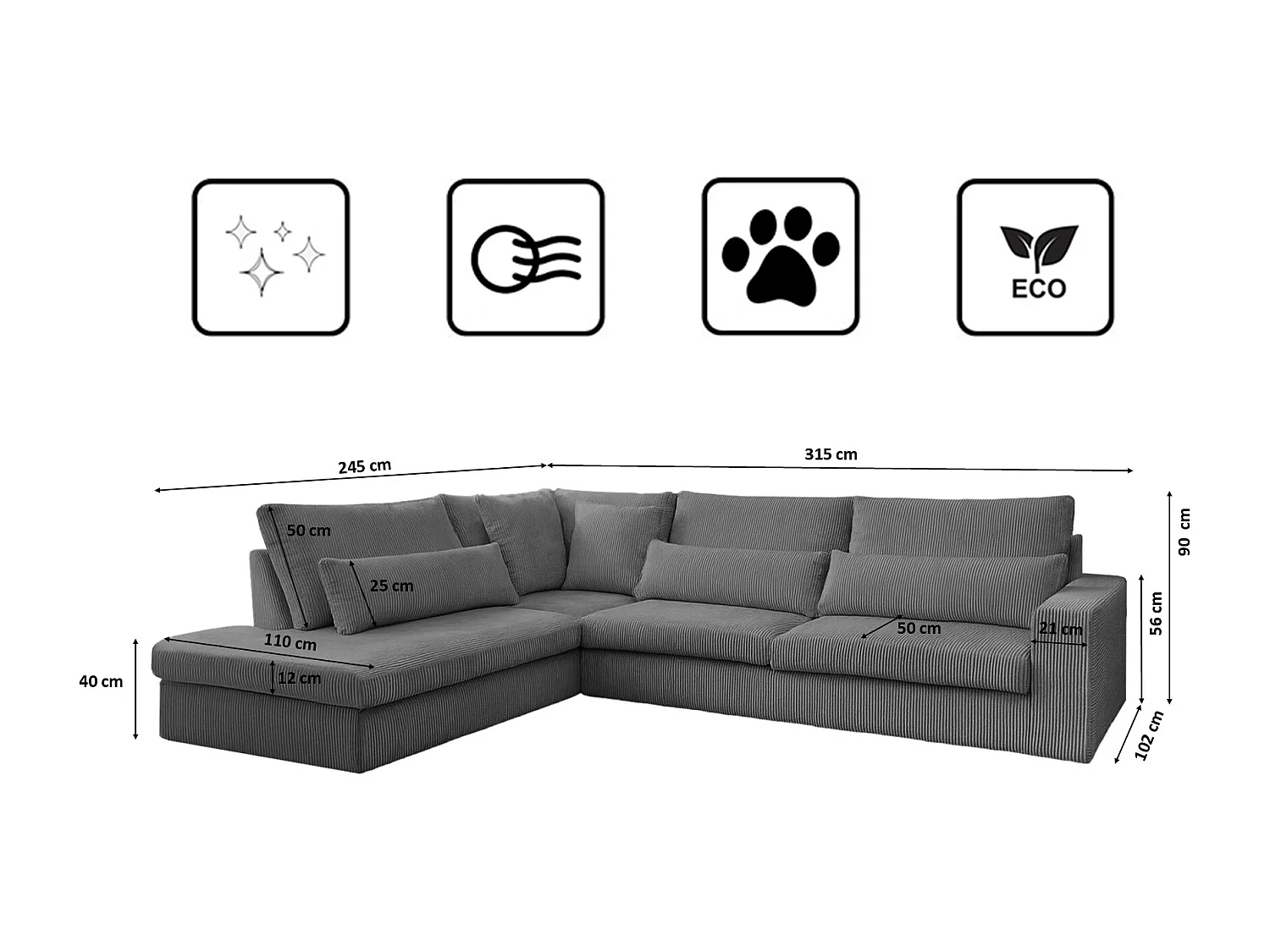 Ecksofa L-Form SVEN Stoff Poso Taubengrau Links