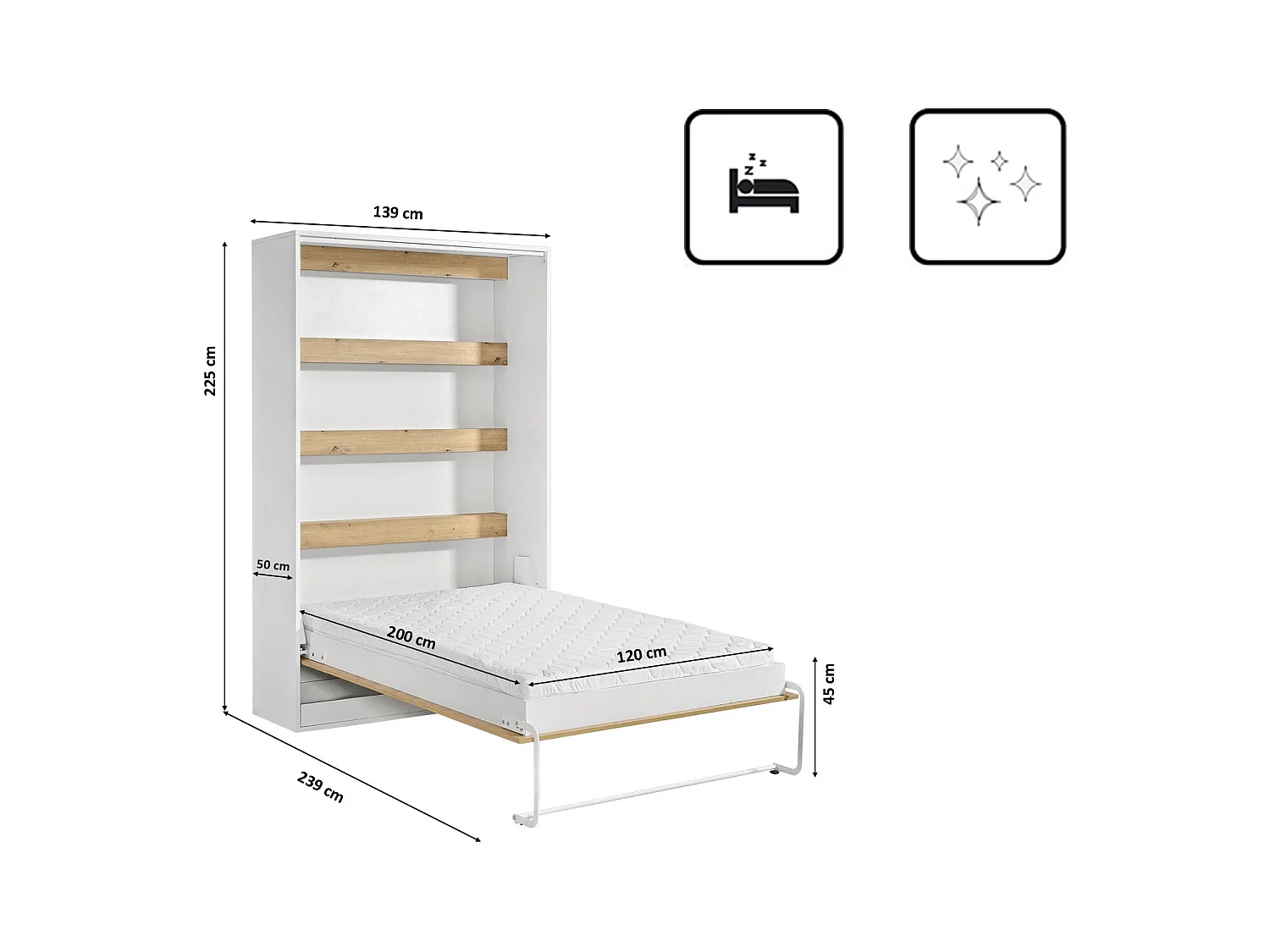 Lit armoire vertical parfait 120x200 qui allie design et fonctionnalité avec matelas en chêne + blanc
