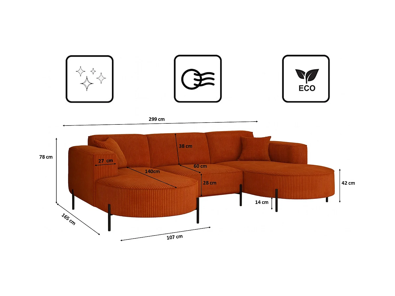 Canapé d'angle, Canapé Designer Modena U Pure tissu Poso Cuivre