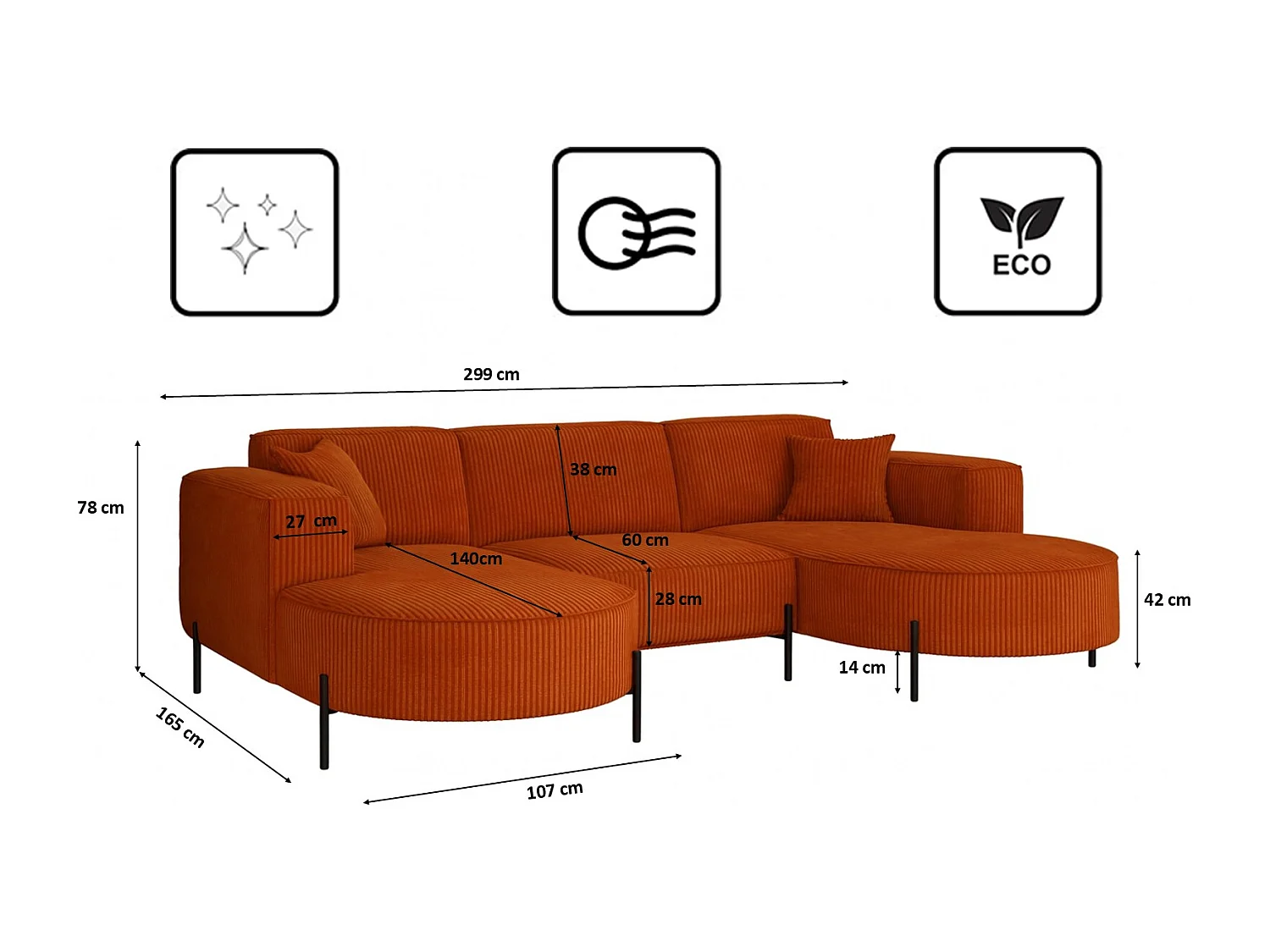 Hoekbank, Sofa Designer Modena U Pure stof Poso Copper