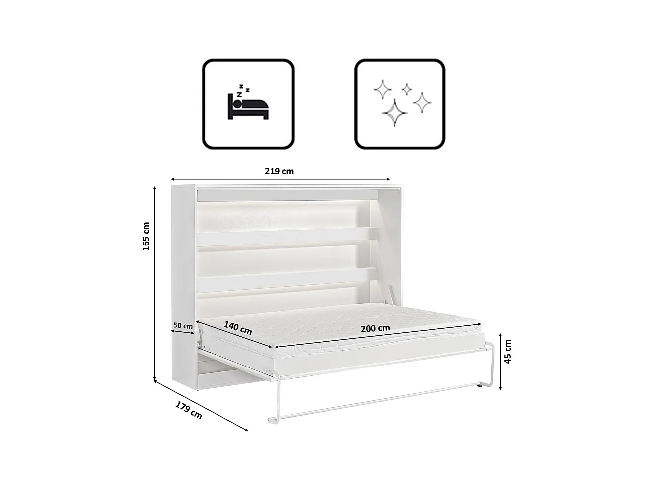 Lit escamotable Perfect 140x200 horizontal qui allie design et fonctionnalité avec matelas Blanc+Noir
