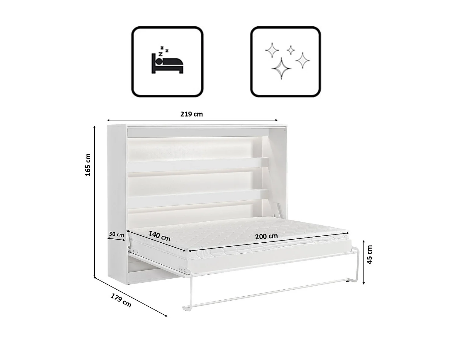 Lit escamotable Perfect 140x200 horizontal qui allie design et fonctionnalité avec matelas Blanc+Noir