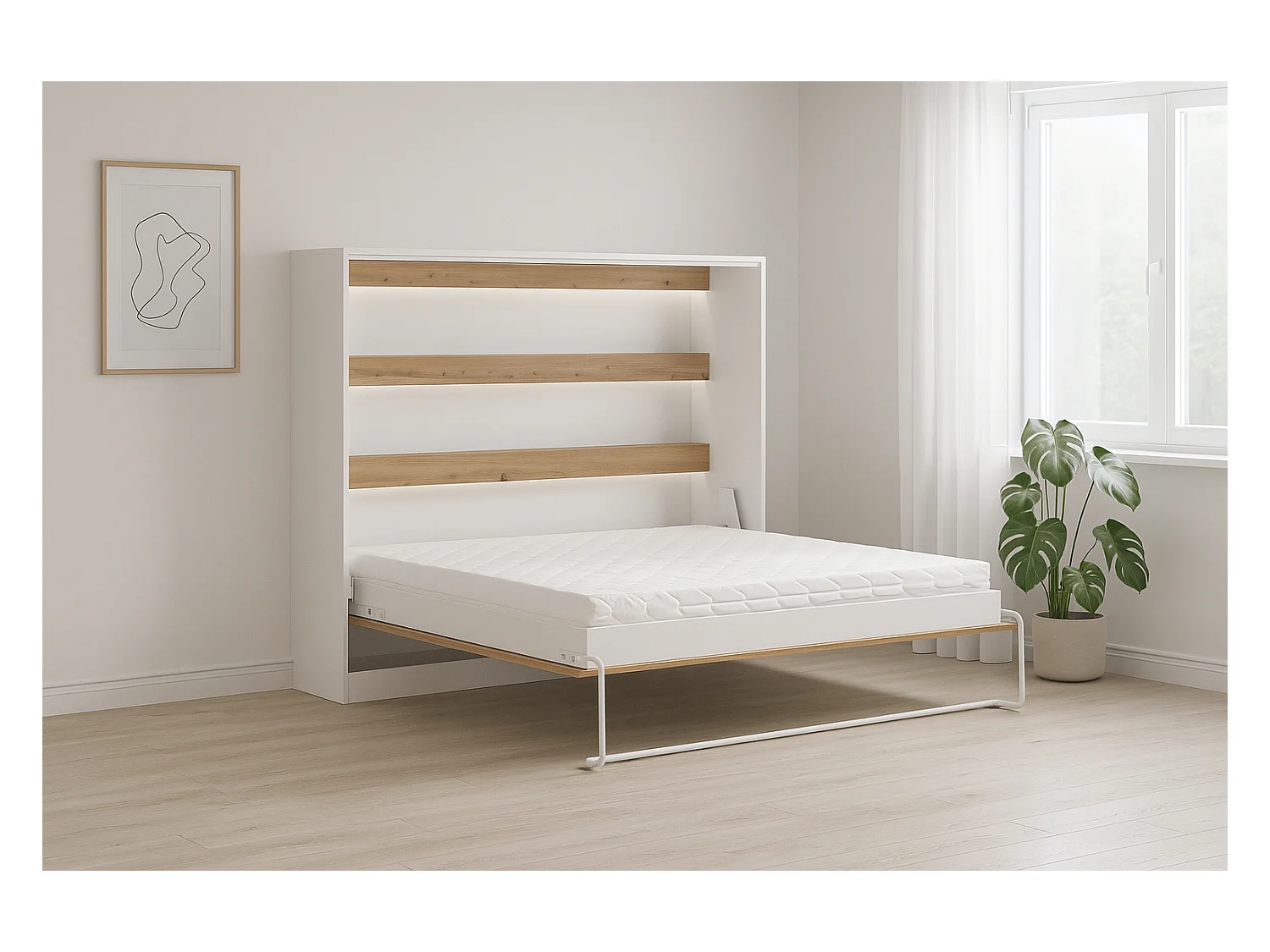 Letto a scomparsa Perfect 140x200 orizzontale che unisce design e funzionalità con materasso rovere + bianco
