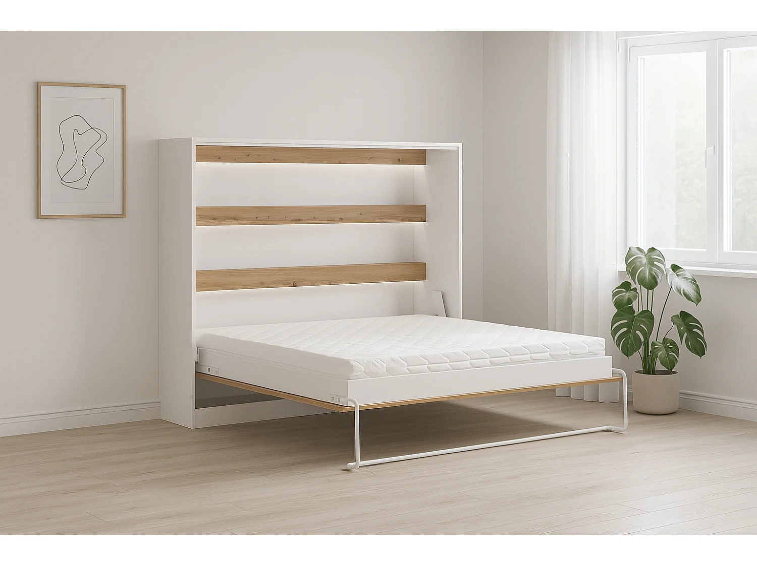 Lit escamotable Perfect 140x200 un horizontal qui allie design et fonctionnalité avec matelas chêne + blanc