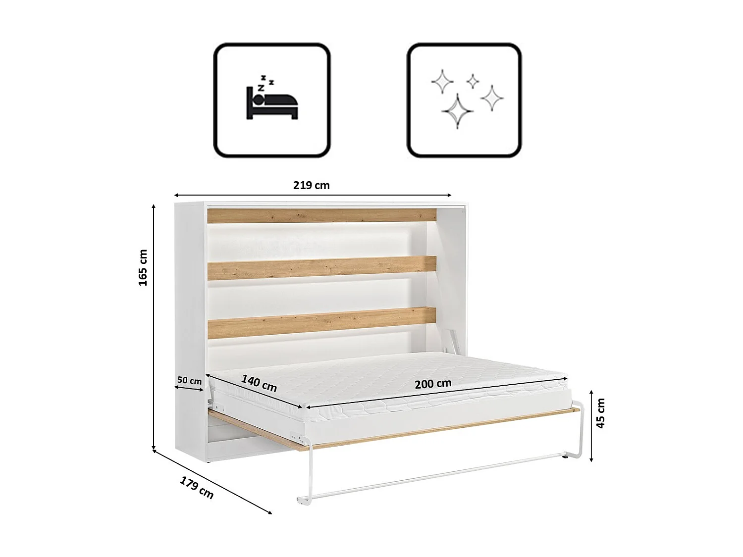 Lit escamotable Perfect 140x200 un horizontal qui allie design et fonctionnalité Chêne + Blanc