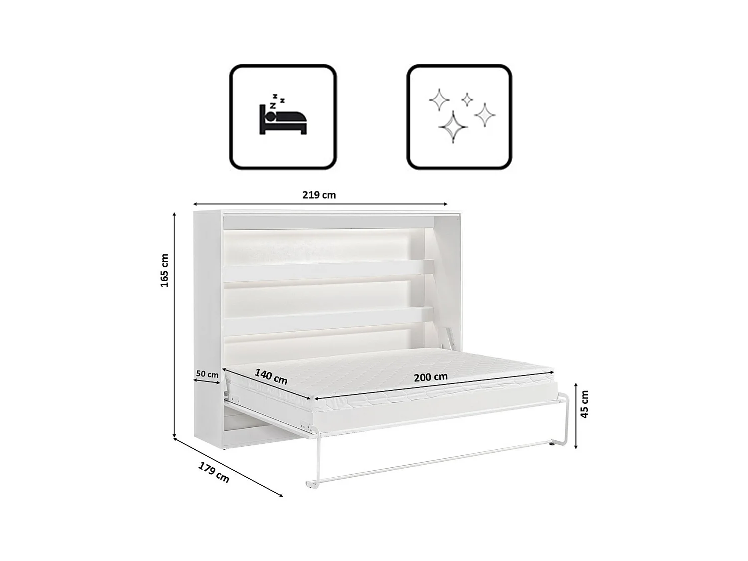 Lit escamotable Perfect 140x200 horizontal qui allie design et fonctionnalité avec matelas Blanc