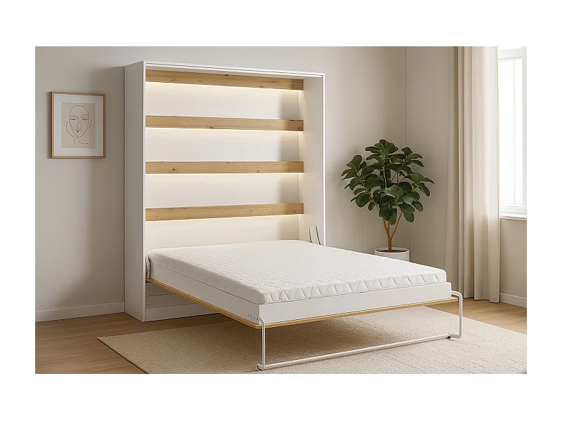 Schrankbett Perfekt 160x200 ein horizontales , das Design und Funktionalität vereint mit Matratze Eiche + Weiß