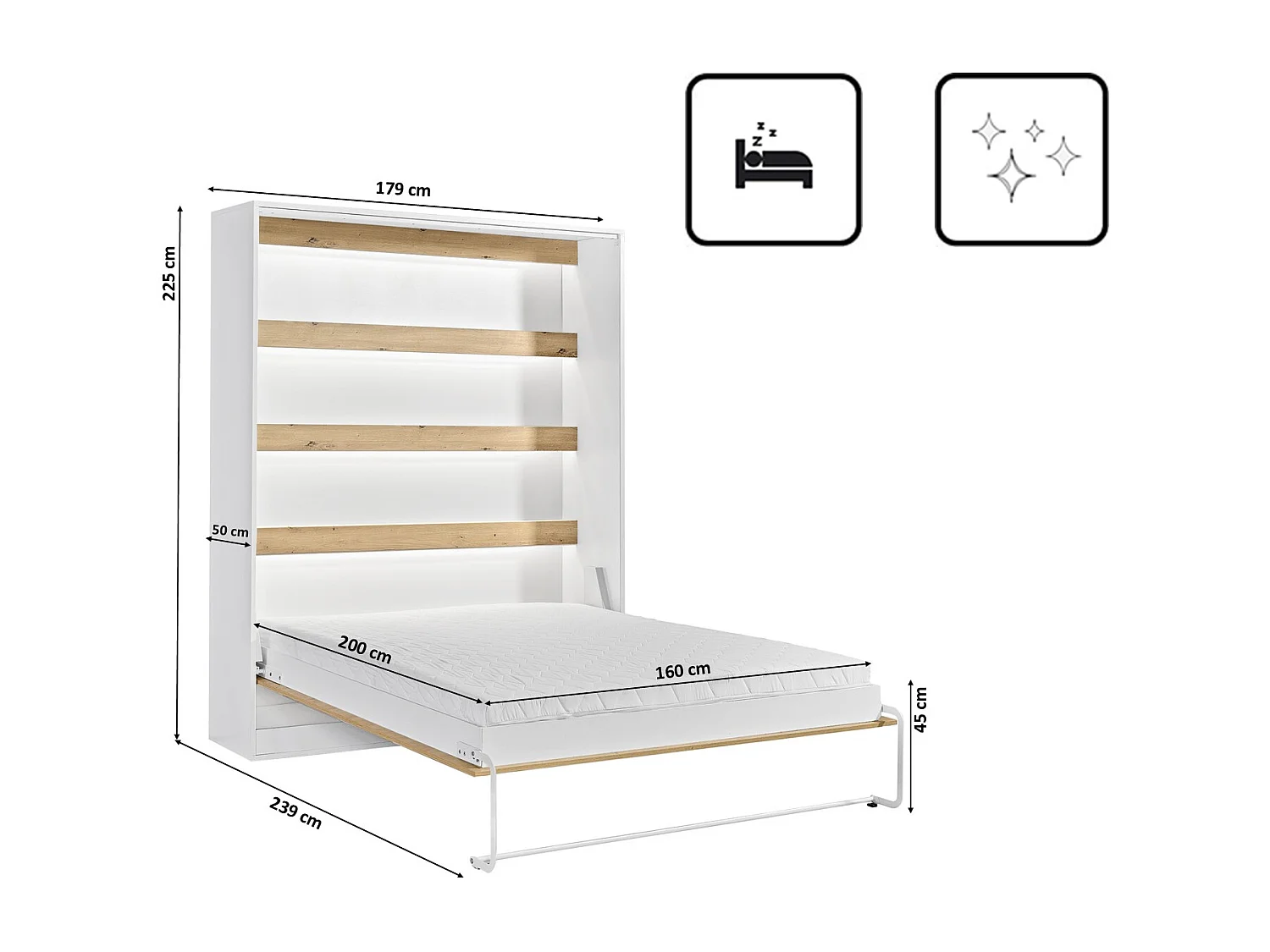 Letto guardaroba verticale perfetto 160x200 che unisce design e funzionalità con materasso in rovere + nero