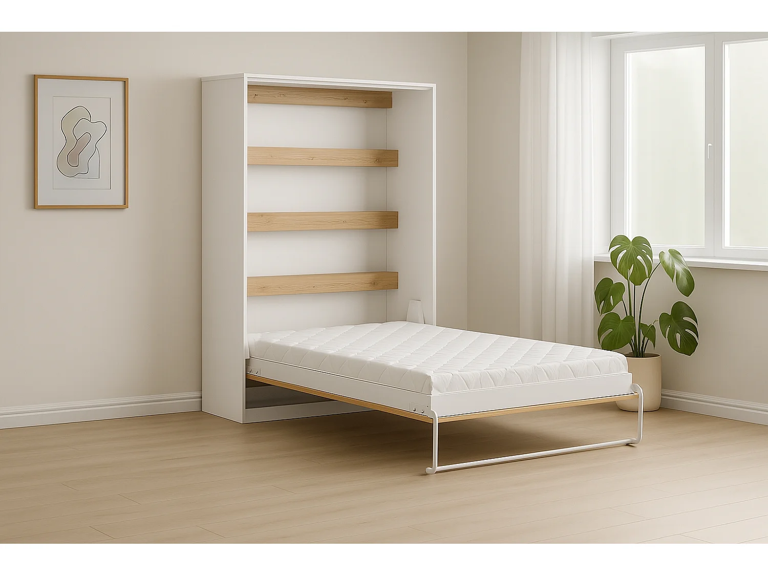Lit armoire vertical parfait 140x200 qui allie design et fonctionnalité avec matelas en chêne + blanc
