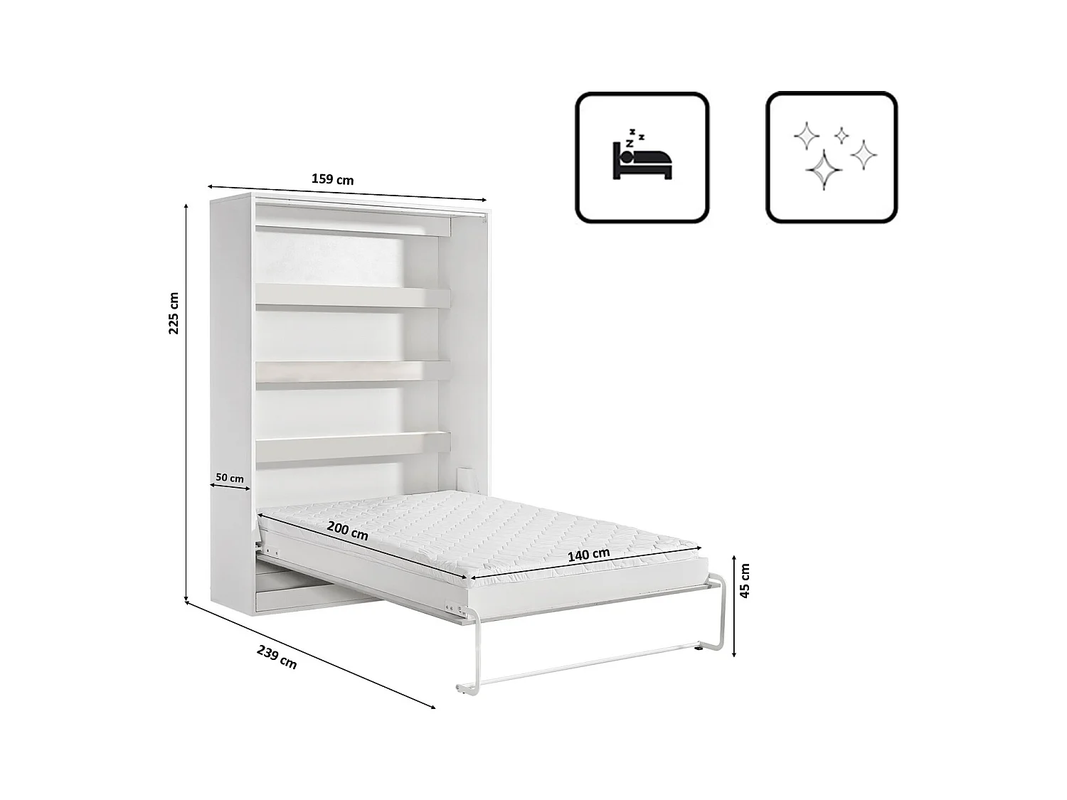 Lit escamotable Perfect 140x200 un vertical qui allie design et fonctionnalité Blanc