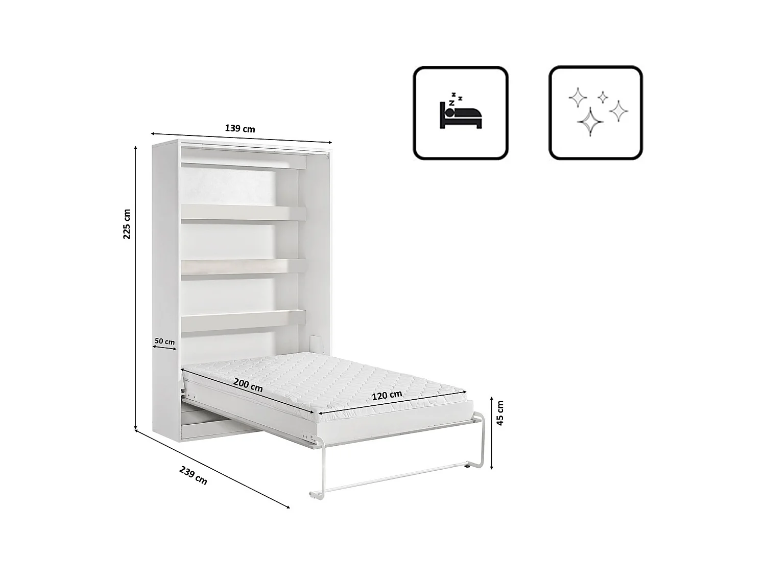 Lit escamotable vertical parfait 120x200 qui allie design et fonctionnalité avec matelas blanc+noir