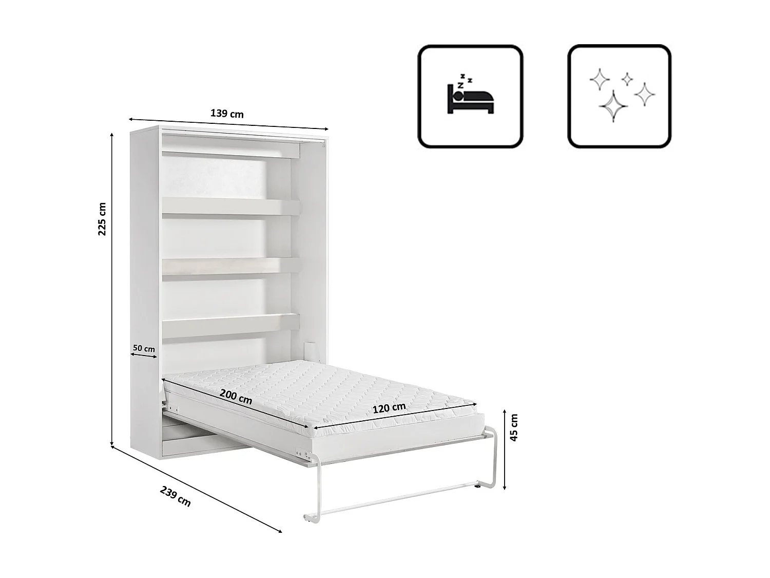 Letto guardaroba verticale perfetto 120x200 che unisce design e funzionalità con materasso bianco