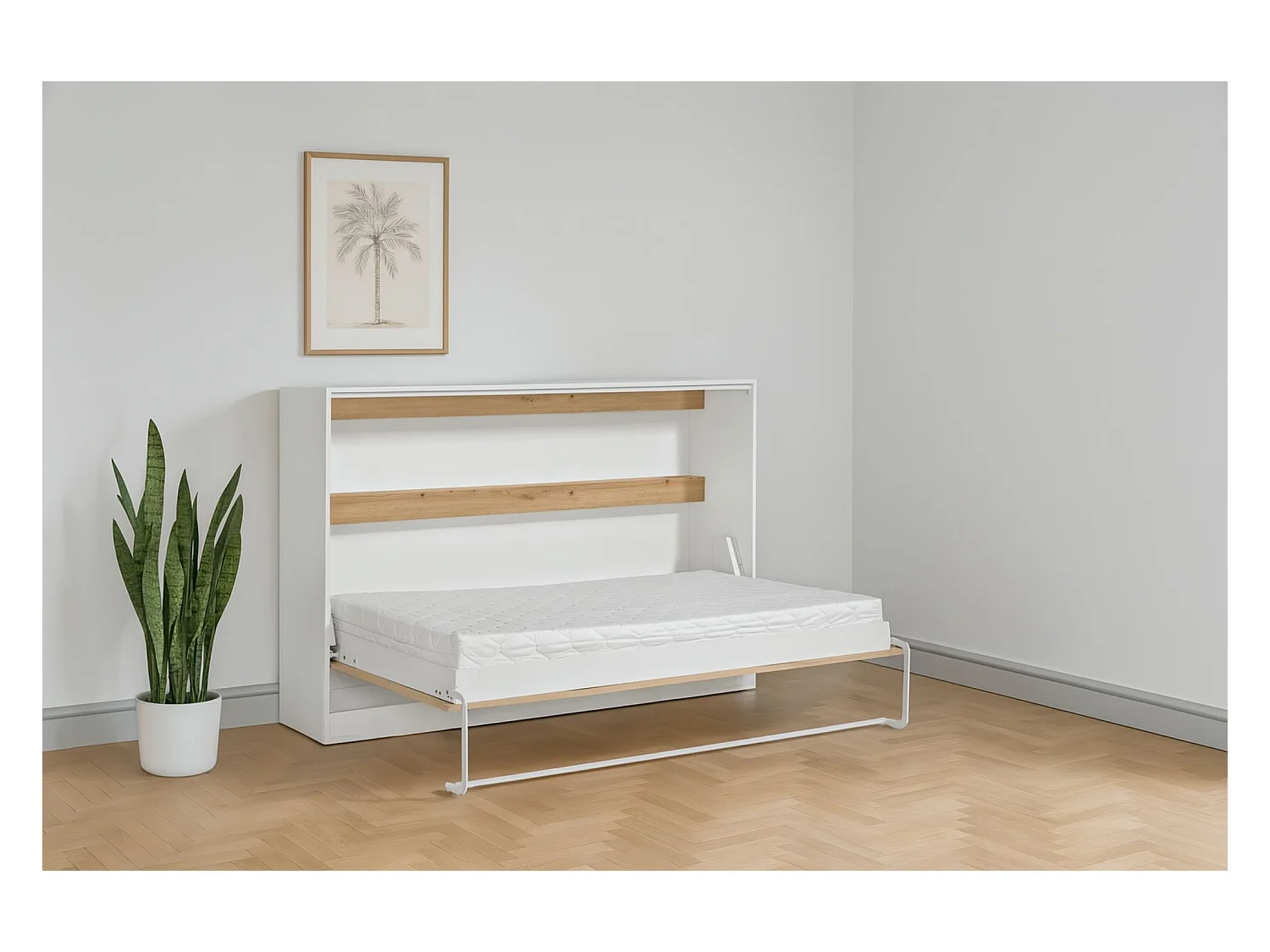 Lit escamotable horizontal parfait 120x200 qui allie design et fonctionnalité avec matelas en chêne + blanc