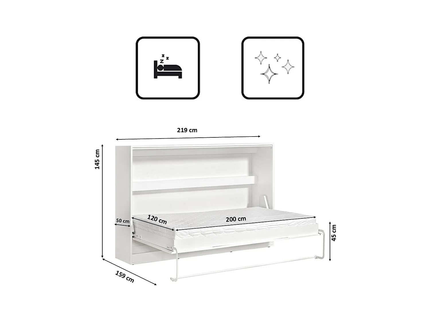 Lit escamotable Perfect 120x200 horizontal qui allie design et fonctionnalité avec matelas Blanc