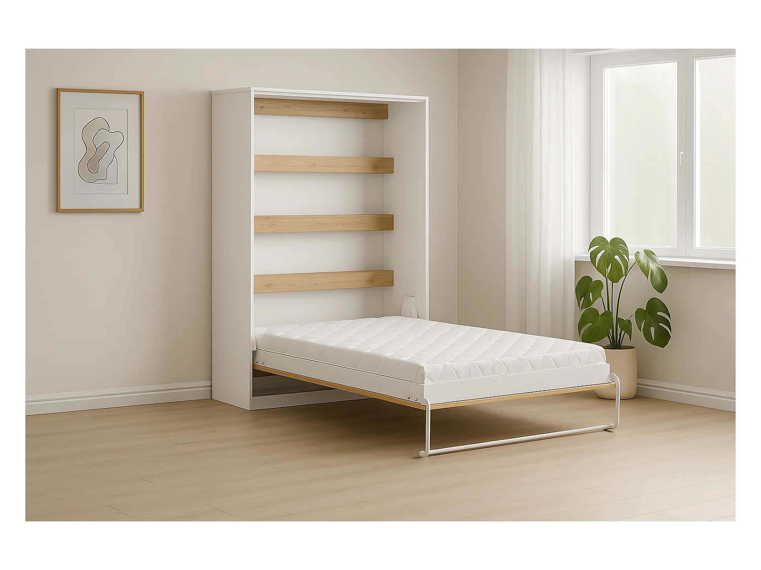 Lit armoire vertical parfait 140x200 qui allie design et fonctionnalité avec matelas en chêne + noir