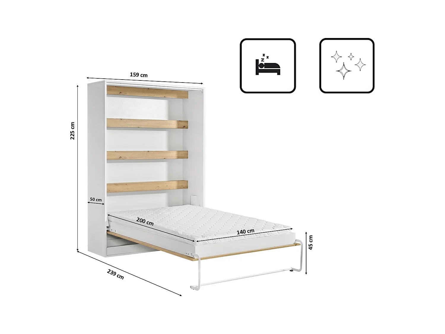 Lit armoire vertical parfait 140x200 qui allie design et fonctionnalité avec matelas en chêne + noir