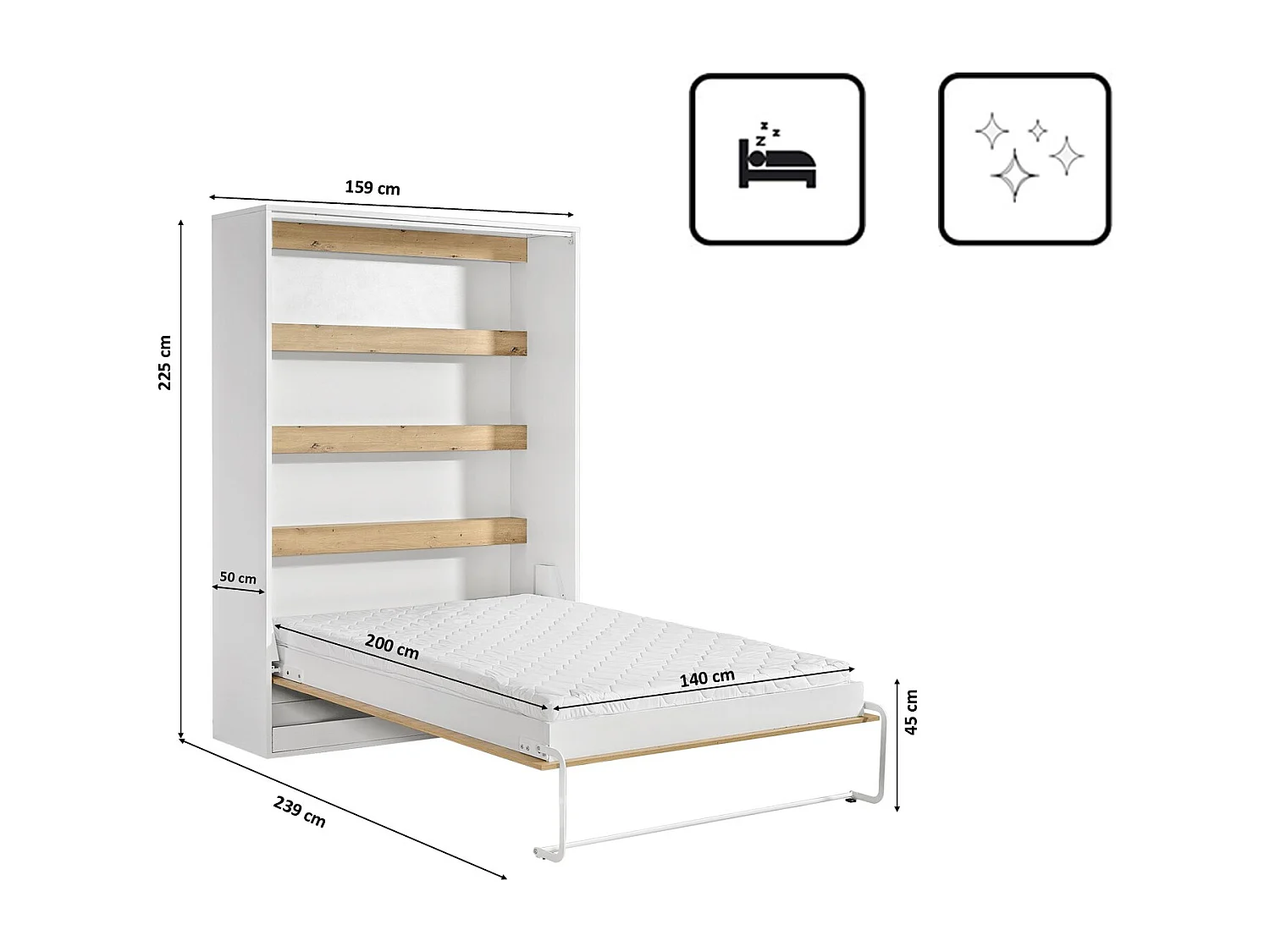 Lit armoire vertical parfait 140x200 qui allie design et fonctionnalité avec matelas en chêne + noir