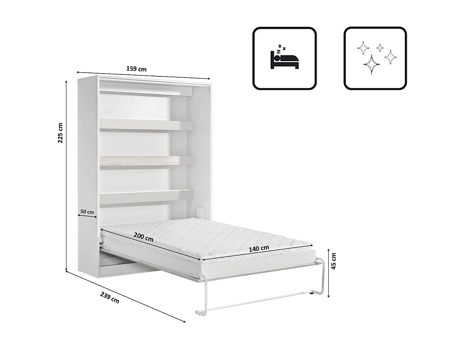Lit armoire vertical parfait 140x200 qui allie design et fonctionnalité avec matelas blanc+noir