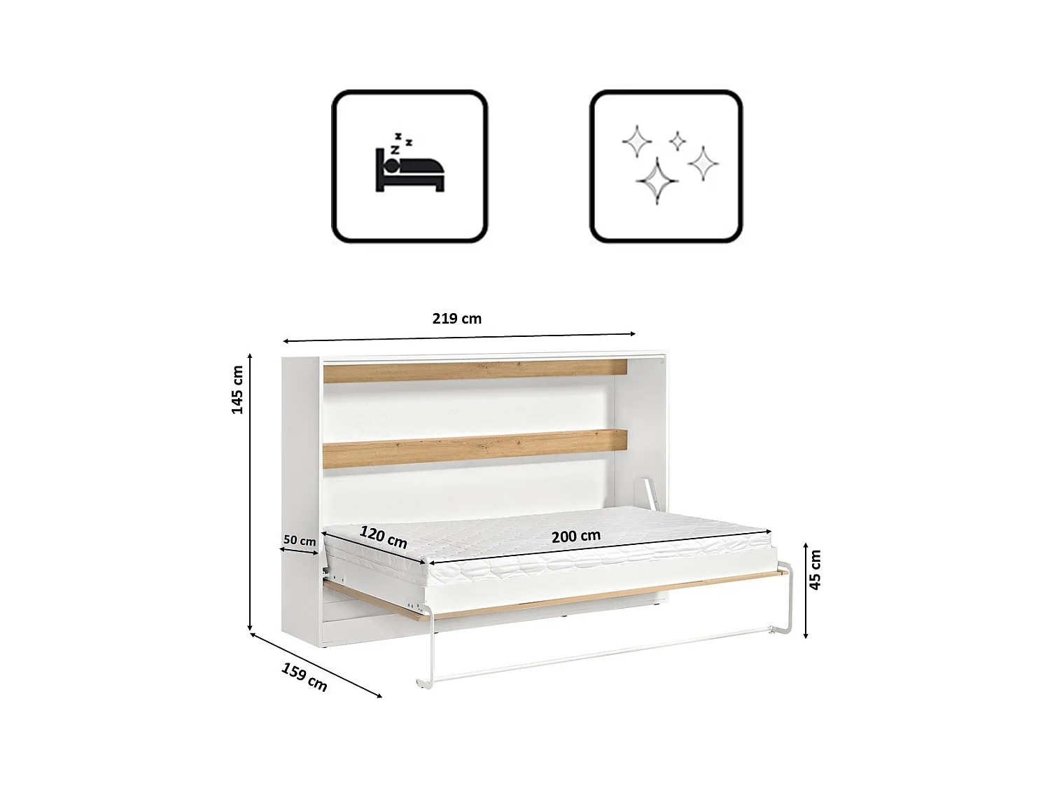 Lit escamotable Perfect 120x200 un horizontal qui allie design et fonctionnalité Chêne + Blanc